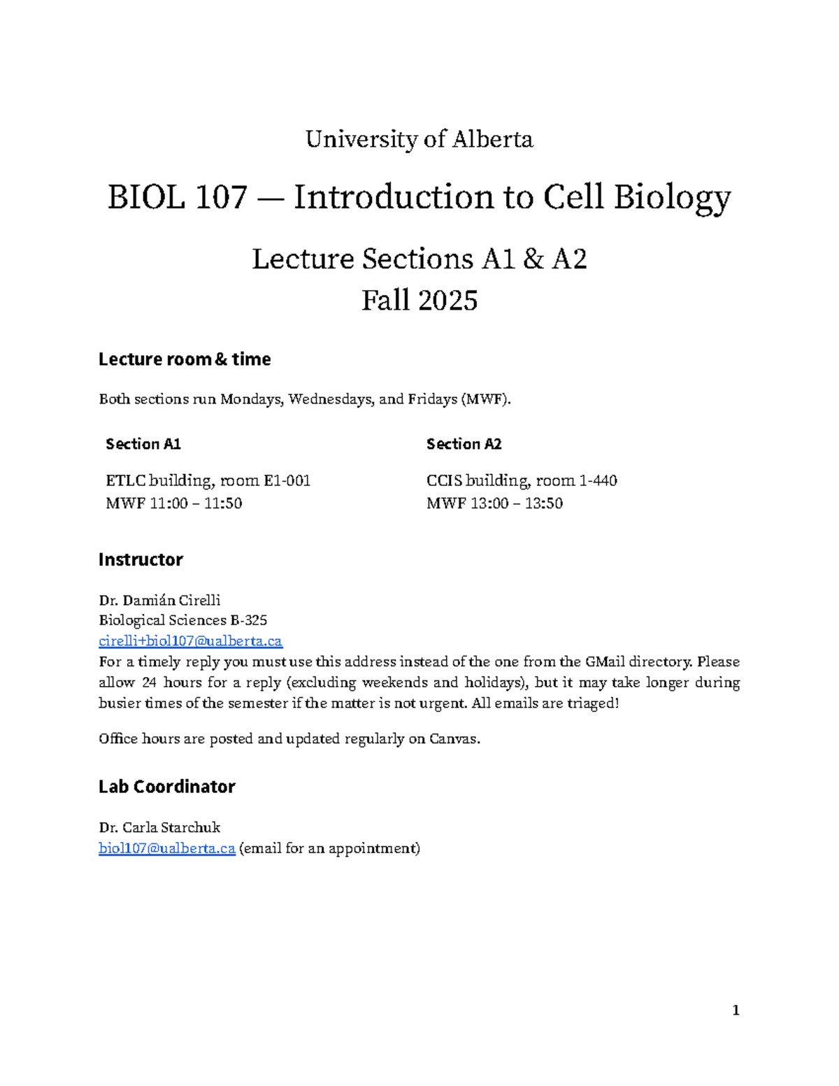 Syllabus for BIOL 107: Intro to Cell Biology - Fall 2025 (Sections A1 ...