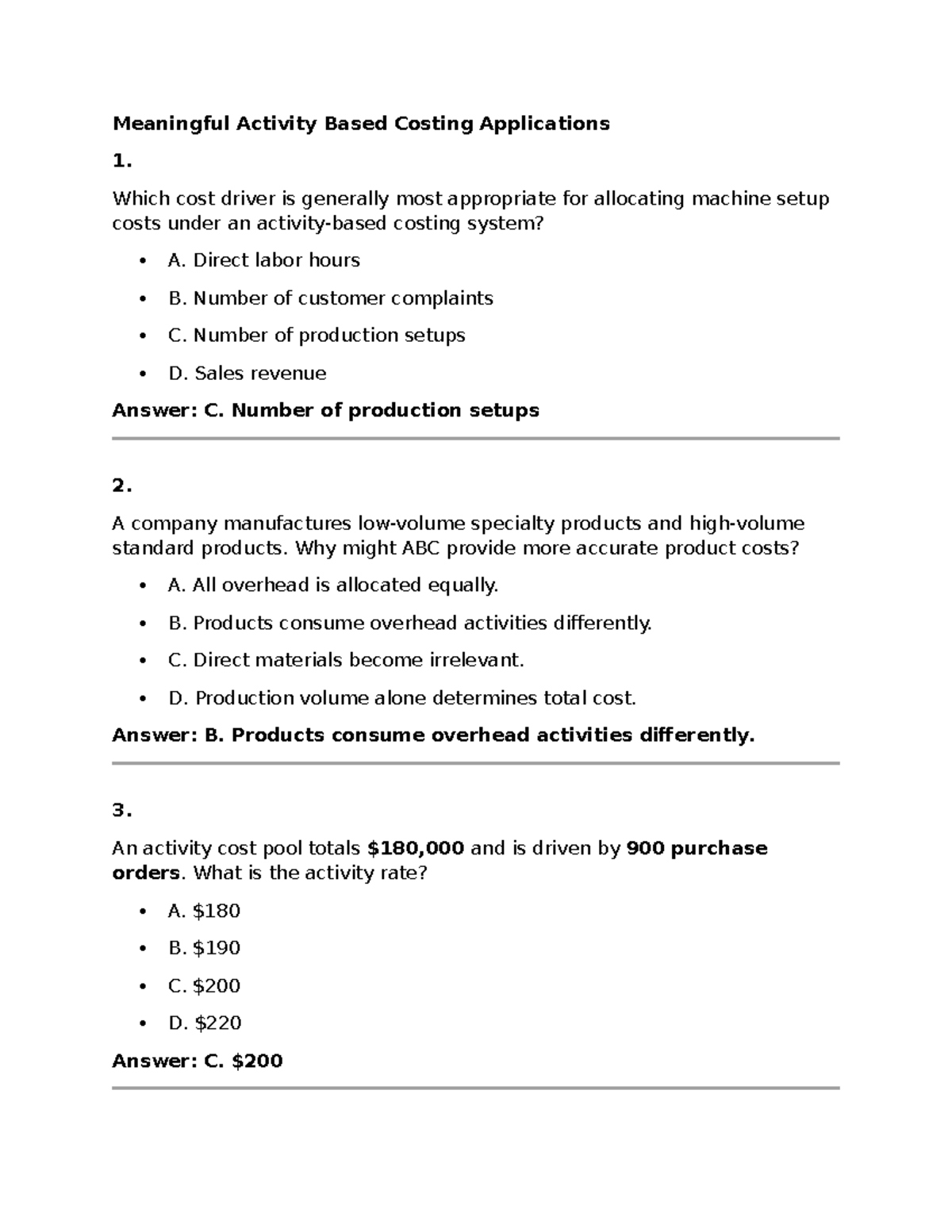 Activity Based Costing Applications: Key Concepts and Questions - Studocu