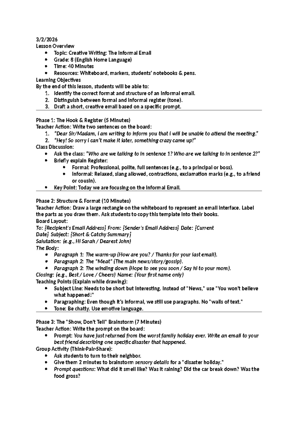 Grade 8 English Lesson: Creative Writing - Informal Email Overview ...