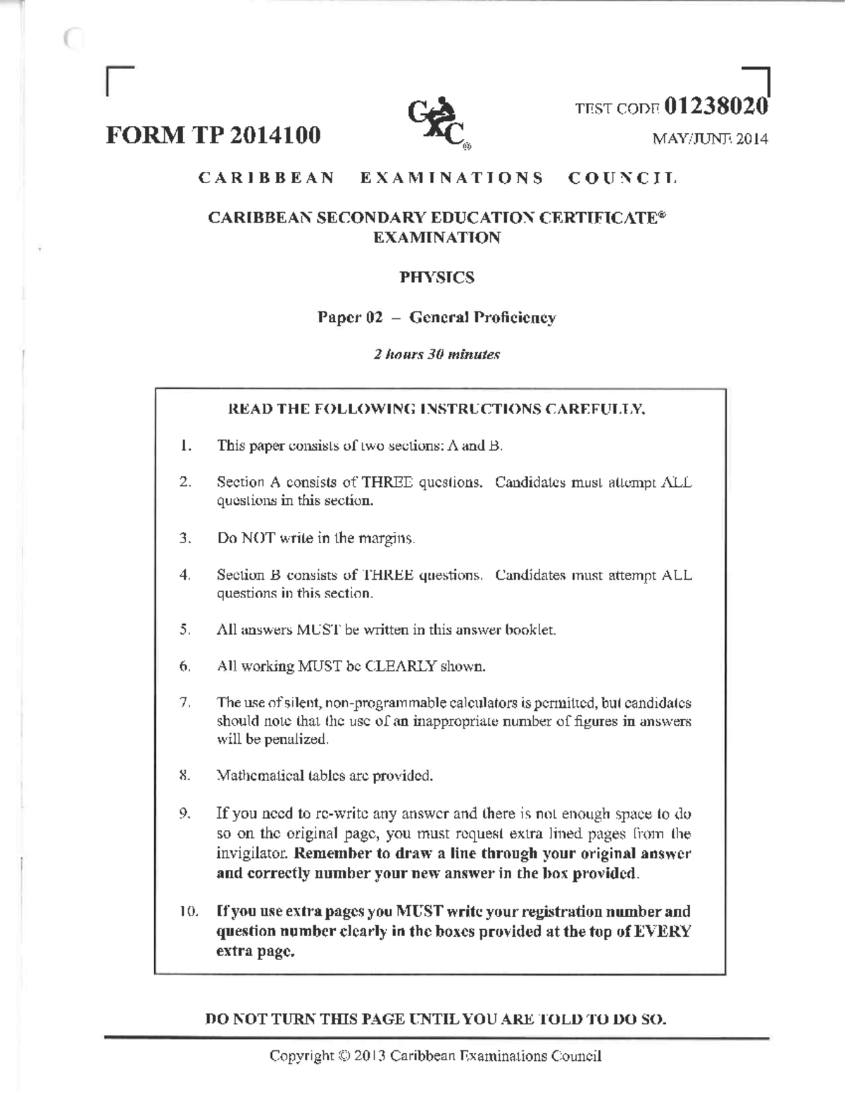 CSEC® Physics Paper 2 General Proficiency May/June 2014 Exam - Studocu