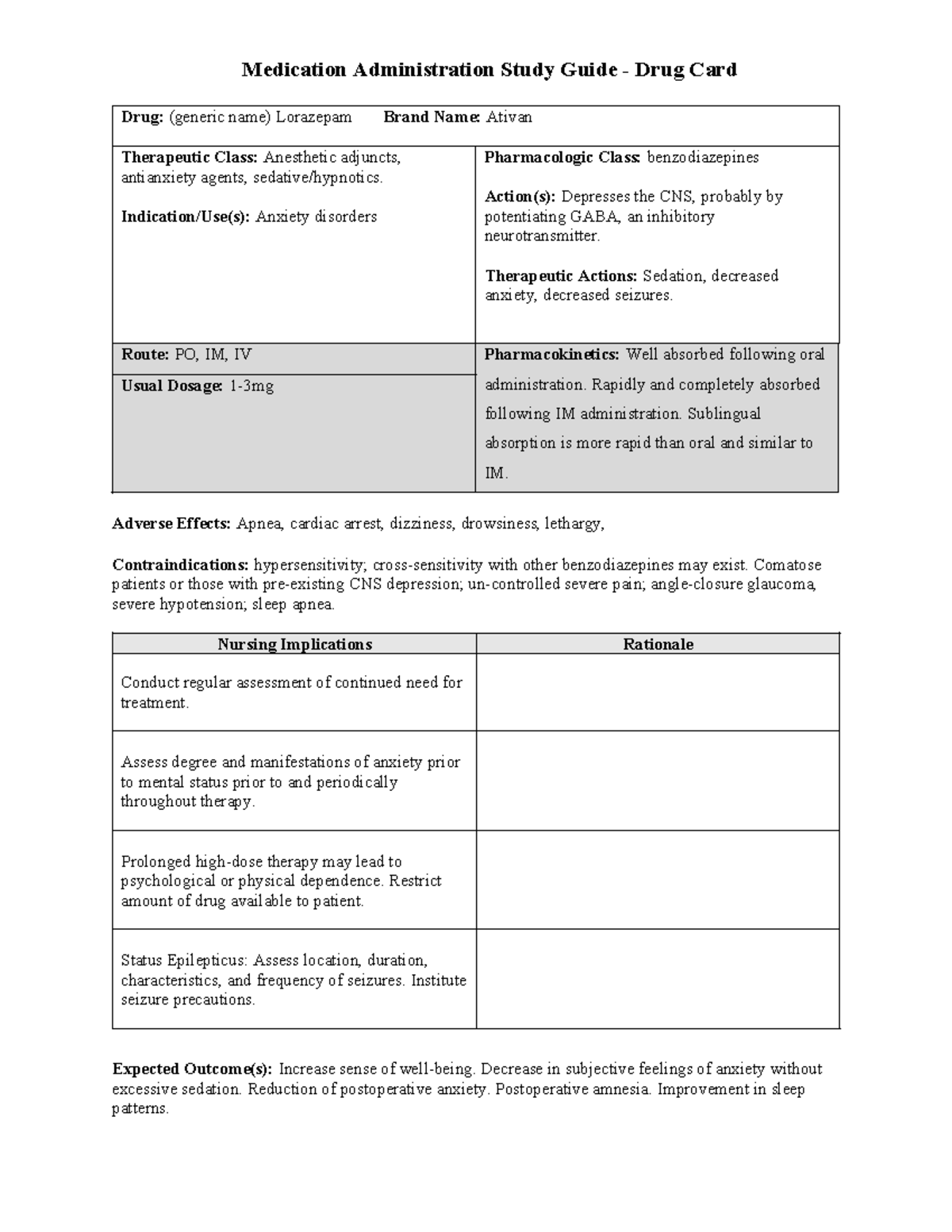Lorazepam (Ativan) Medication Study Guide - Drug Card Overview - Studocu