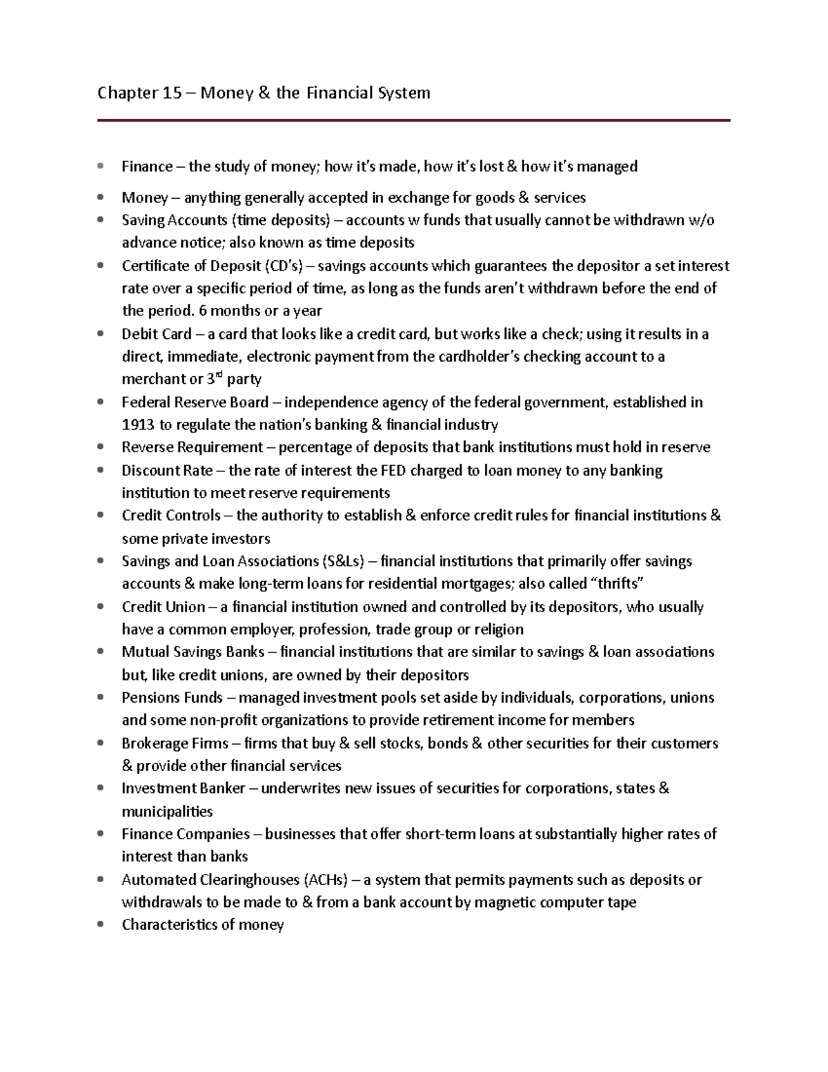 Ch 15 notes - Chapter 15 – Money & the Financial System Finance – the ...