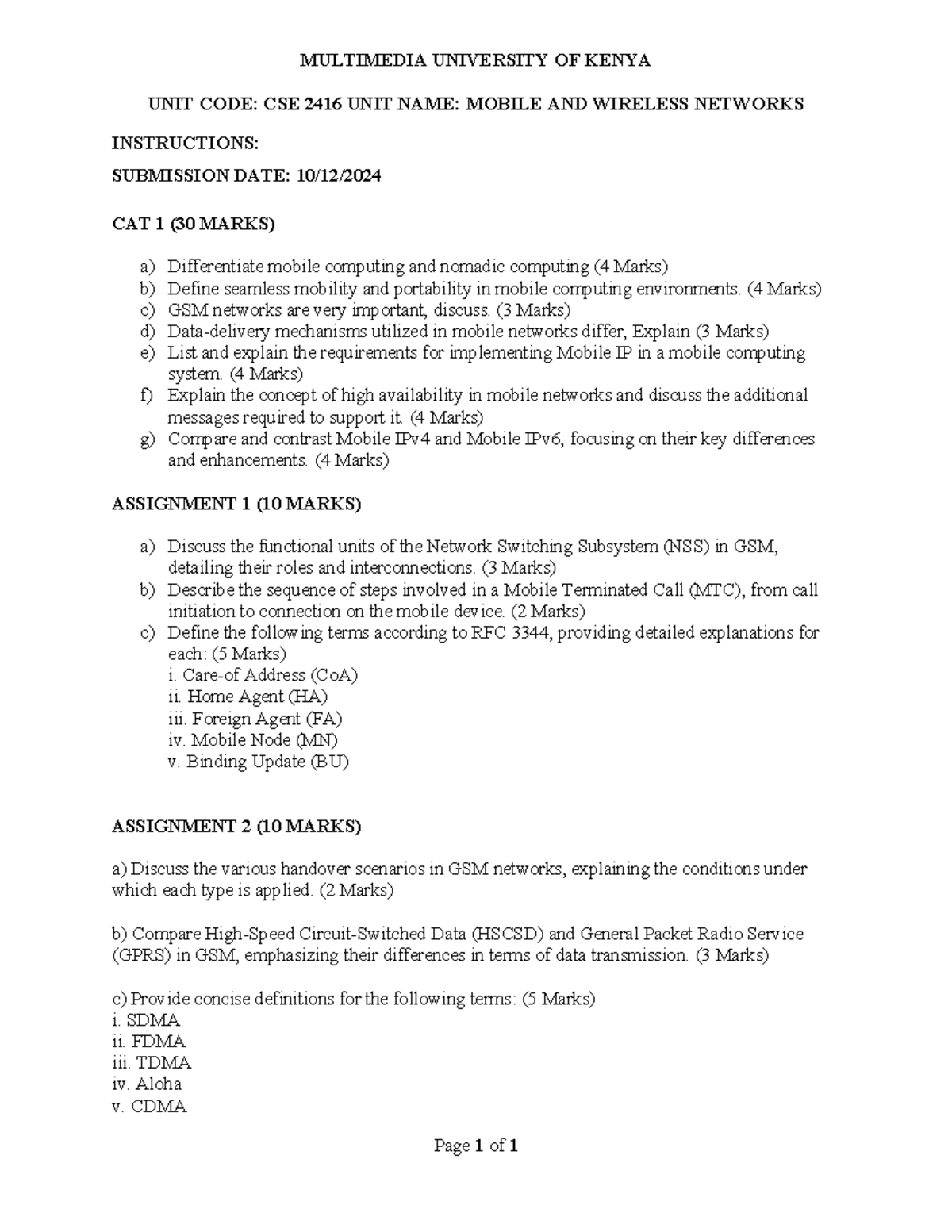 CSE 2416 Mobile and Wireless Networks CAT 1 Assignment Notes - Studocu