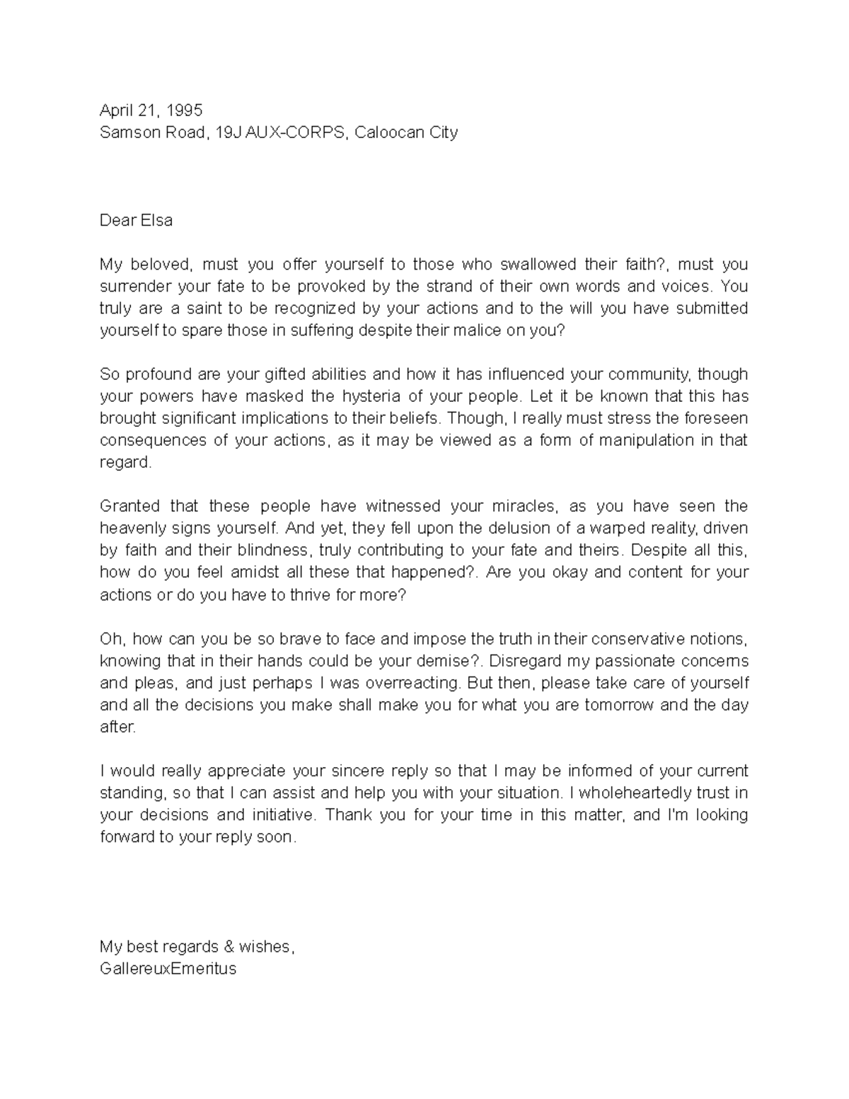 Letter to Elsa: A heartfelt message on faith and community impact - Studocu