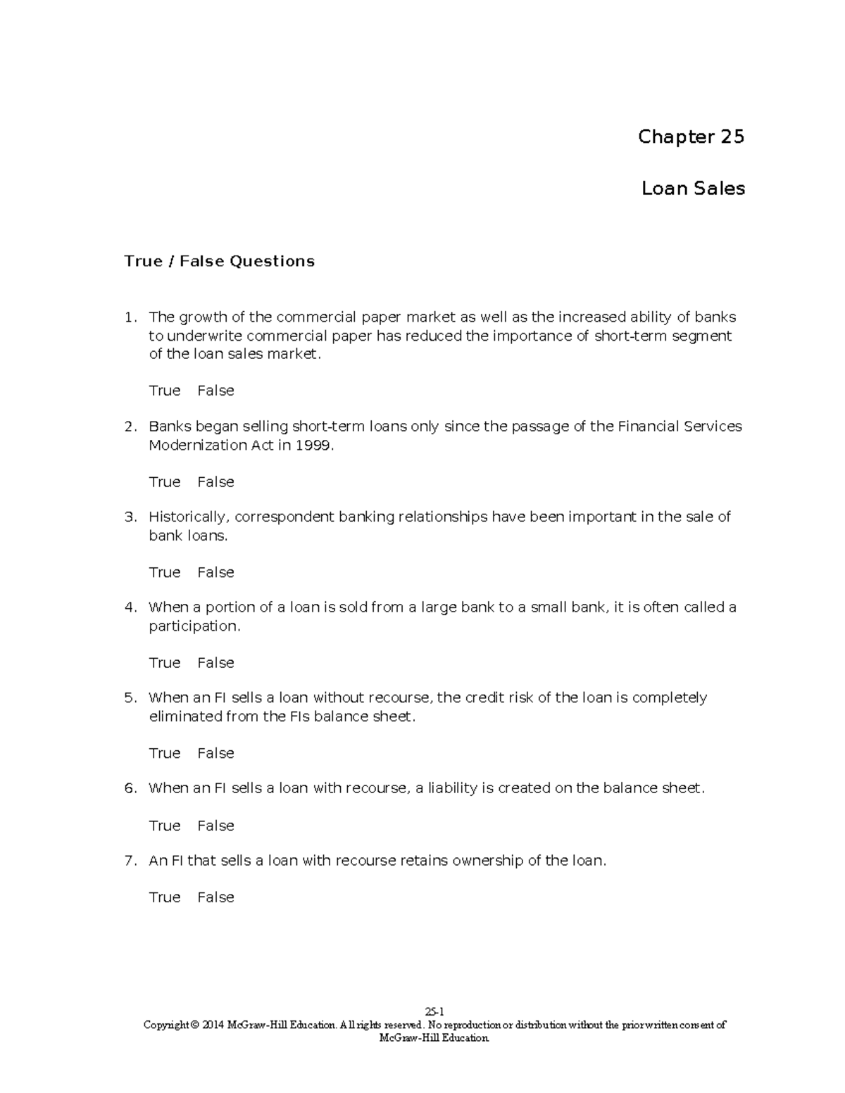Chapter 25 Homework: True/False Questions on Loan Sales - Studocu