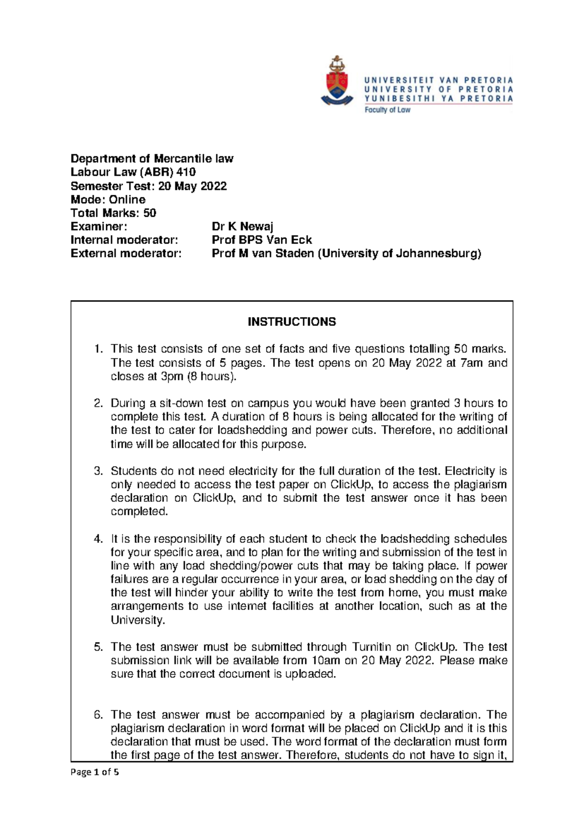Labour Law Semester TEST - ABR 410: Instructions and Questions - Studocu