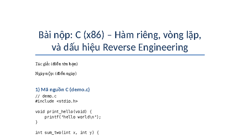 C (x86) Hàm Riêng, Vòng Lặp & Reverse Engineering Demo - Studocu