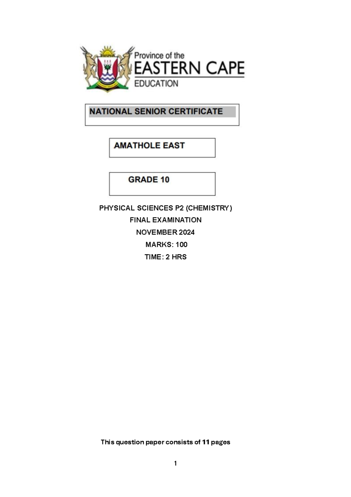 2024 EC PHSC P2 Chemistry Final Exam Question Paper - Studocu