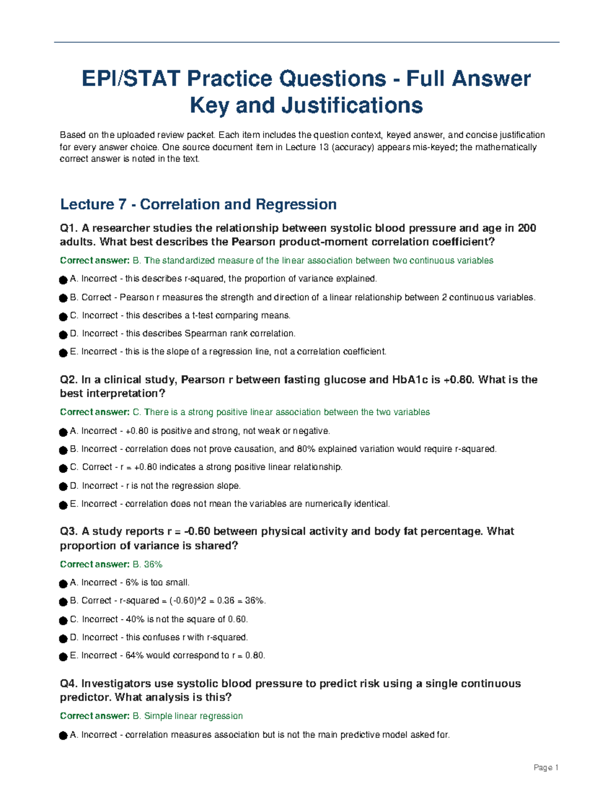 Epi Stat Answer Key - Practice Questions with Justifications - Studocu