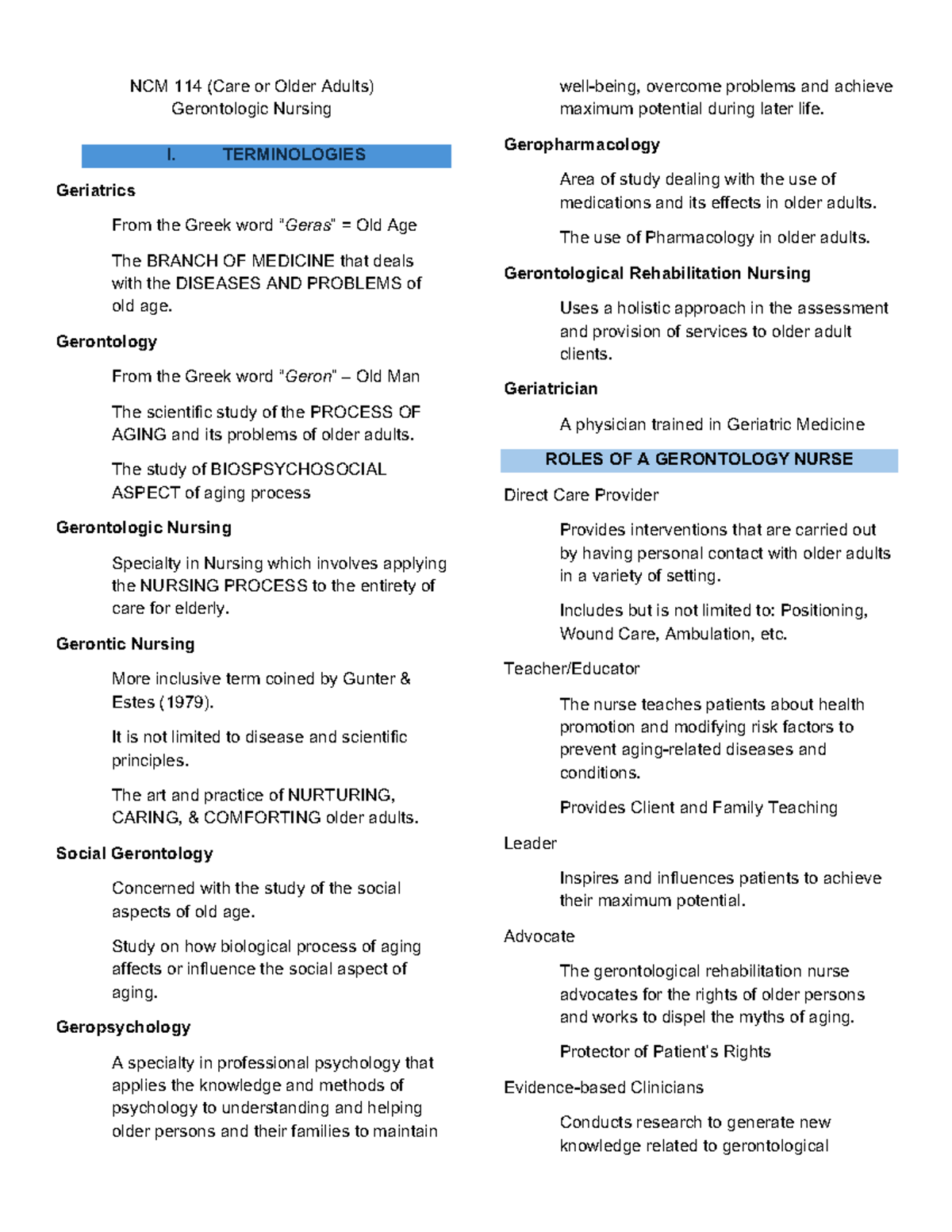 NCM 114 Geriatric Nursing Preliminary Notes on Aging and Care - Studocu