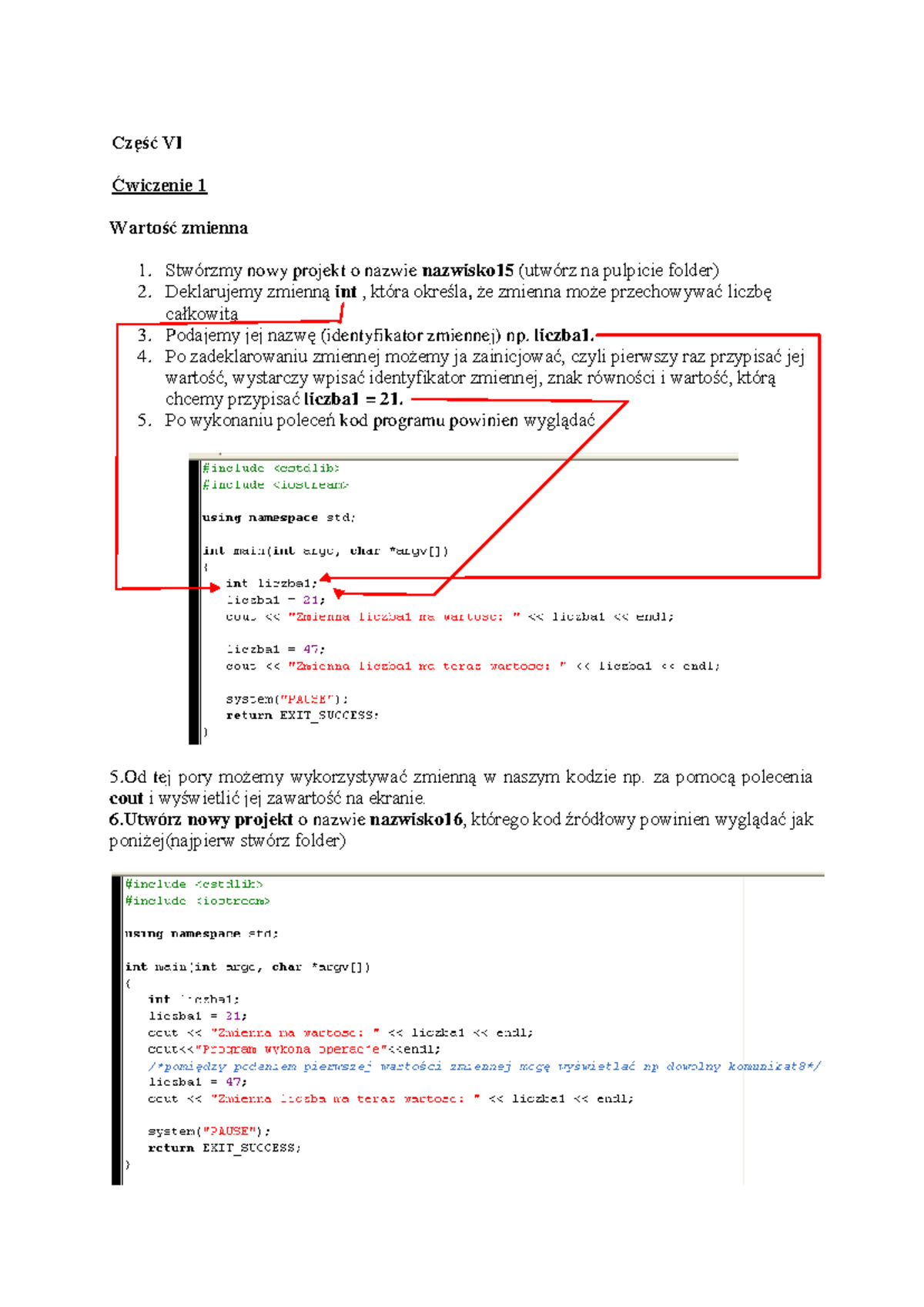Ćwiczenie: Wartość i Deklaracja Zmiennych w C++ - 6 c - Studocu