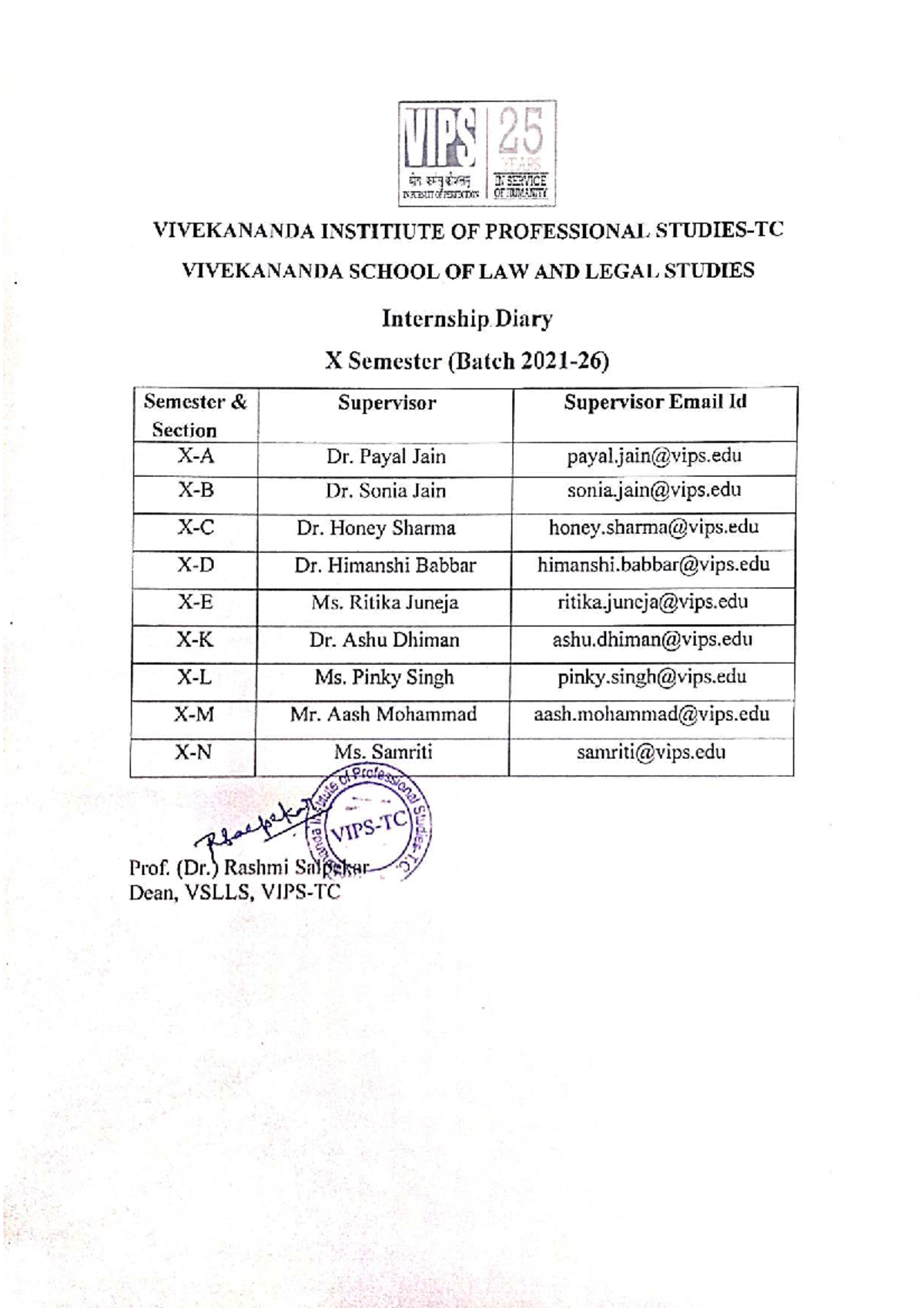 VIPS 25 Years: Internship Diary X Sem at Vivekananda School of Law ...