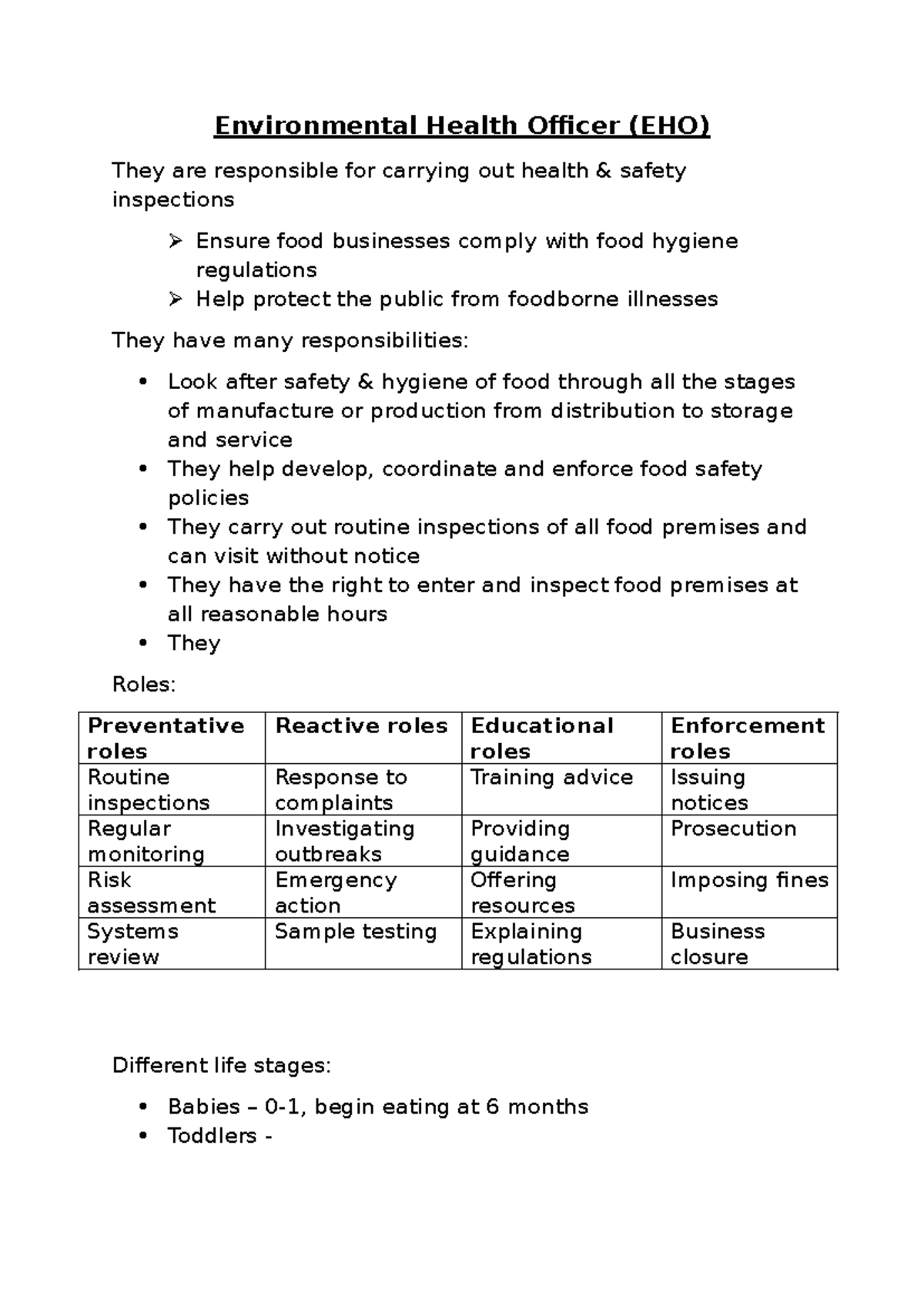 EHO Responsibilities and Roles in Food Safety Compliance - Studocu