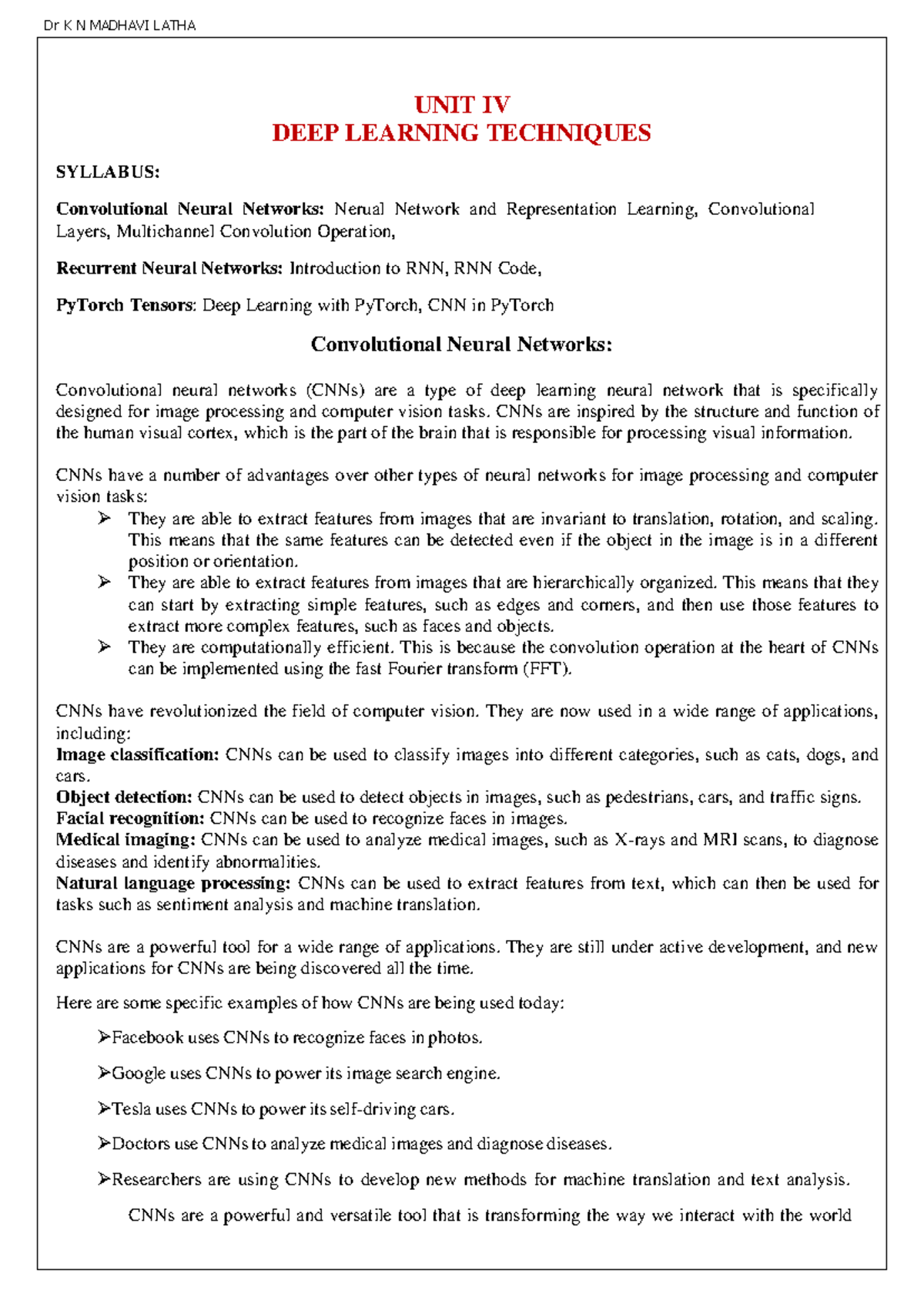 DEEP LEARNING TECHNIQUES SYLLABUS: UNIT IV - CNNs & RNNs Overview - Studocu