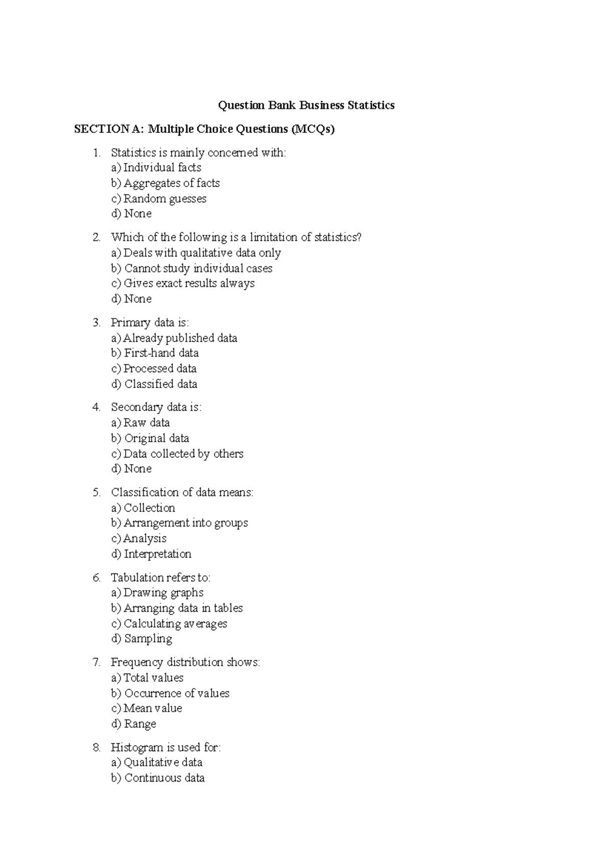Question Bank: Business Statistics MCQs and Answers - Studocu
