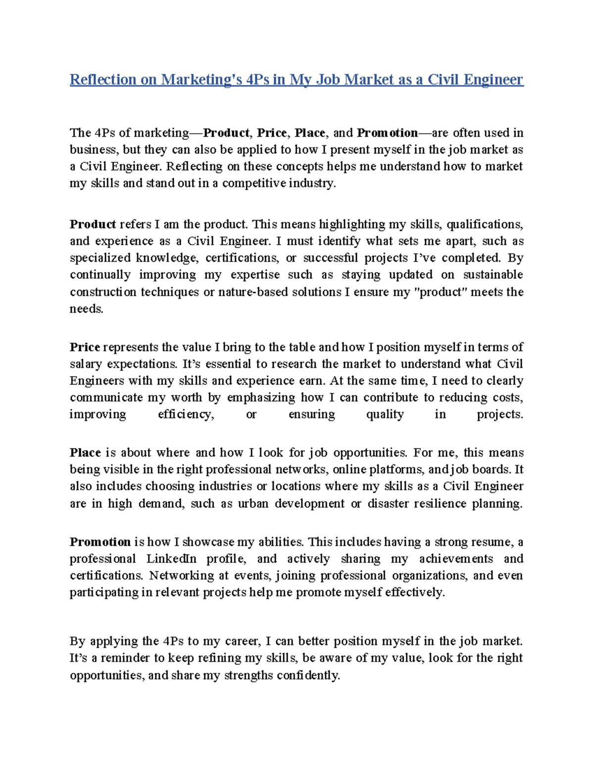Reflection on the 4Ps of Marketing for Civil Engineers - Studocu