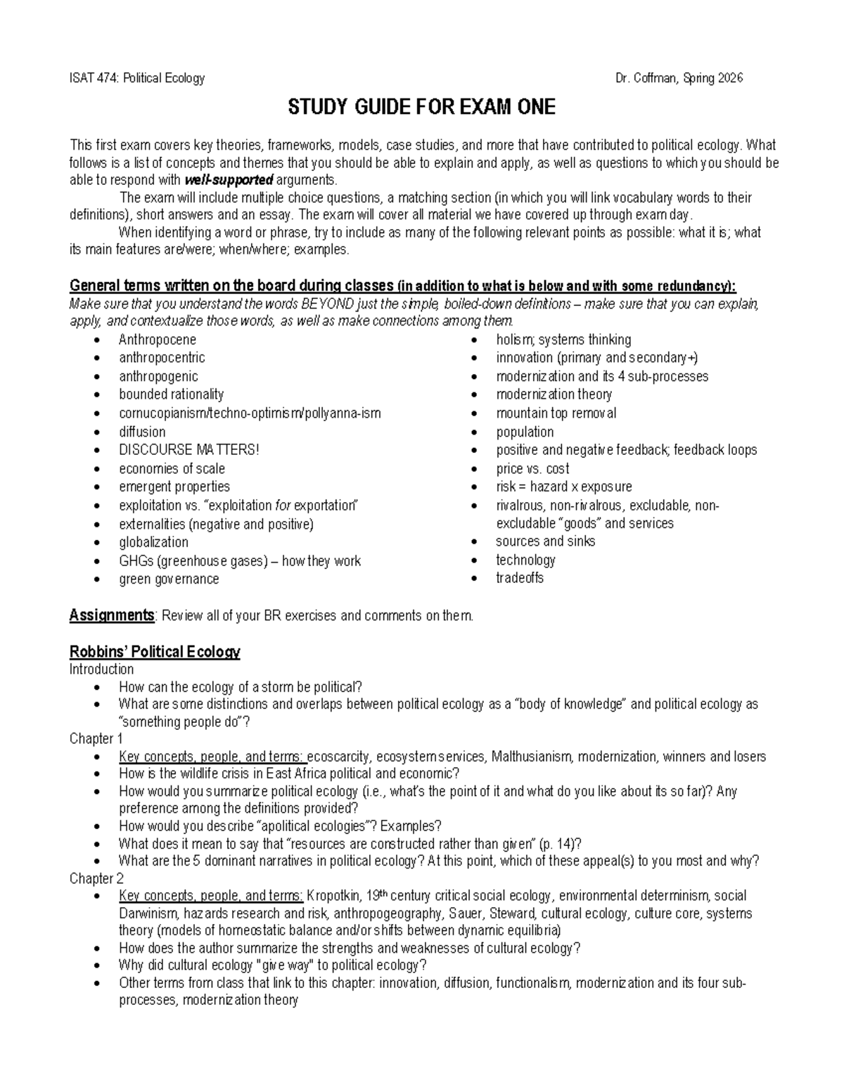 ISAT 474: Political Ecology Study Guide for Exam One - Studocu
