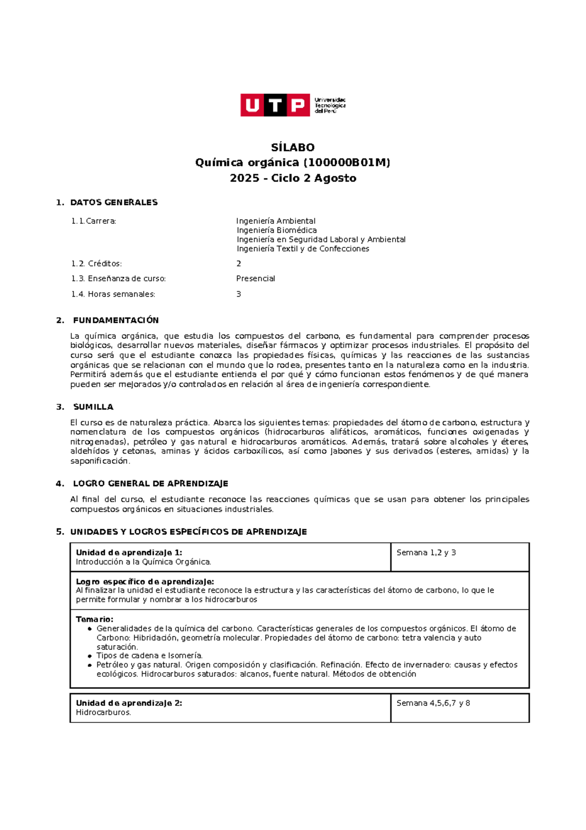 SÍLABO Química Orgánica 2025 - Ciclo 2, Agosto: Contenidos y Evaluación - Document Preview