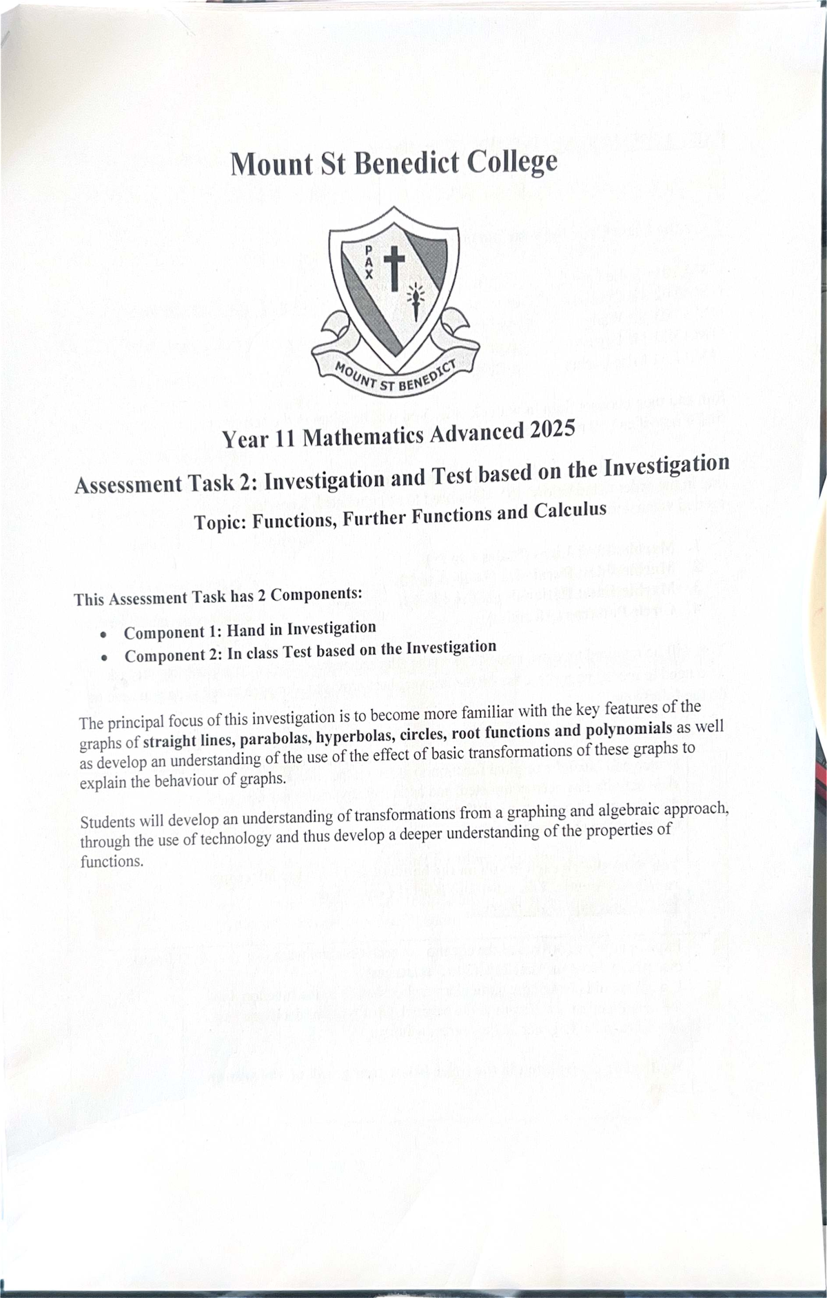 Year 11 Mathematics Advanced 2025 Assessment Task 2: Functions ...