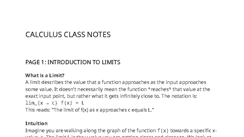 CALC 101: Class Notes on Limits and Derivatives - Studocu