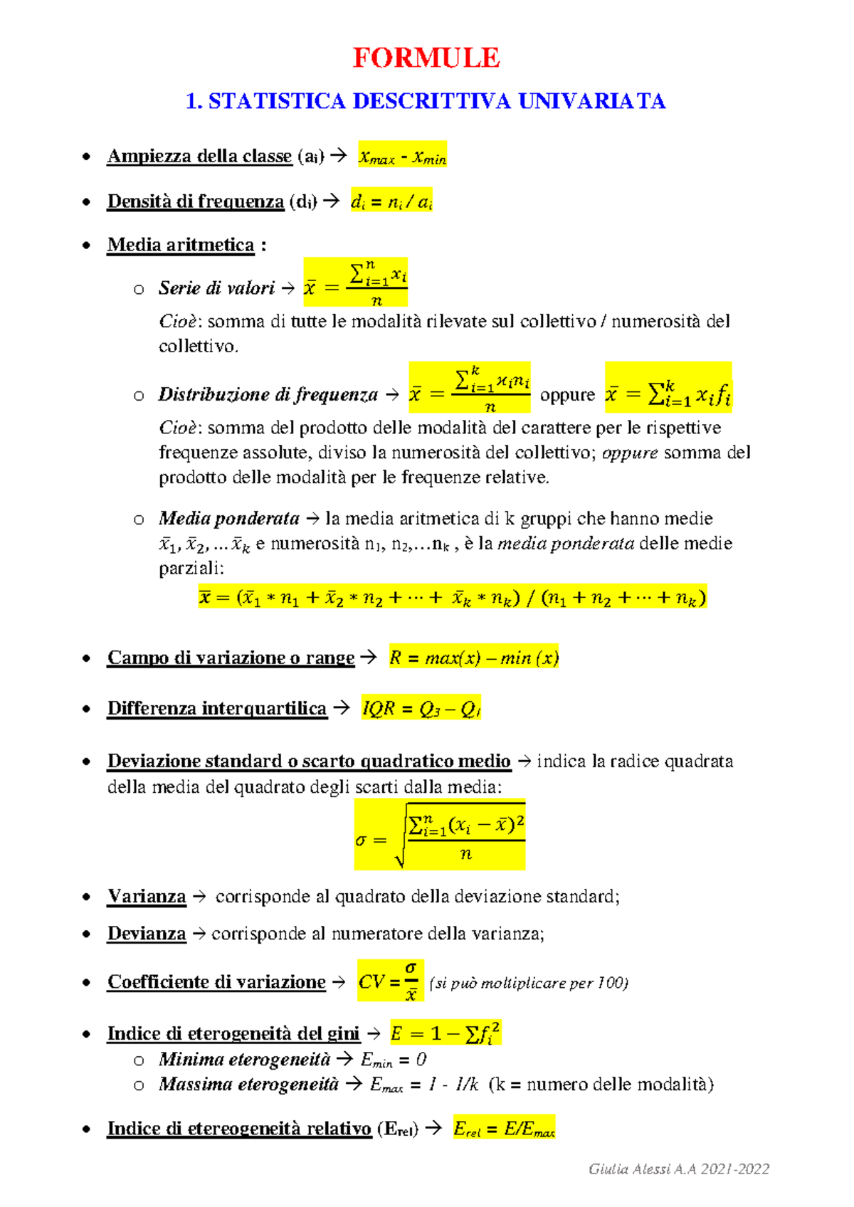 Formule di Statistica Sociale: Statistica Descrittiva e Test - Studocu