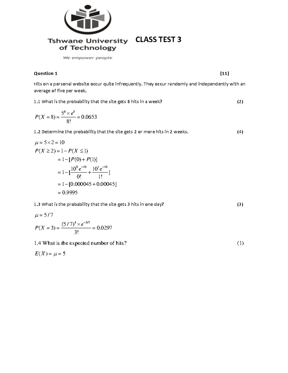 STE105D CT3 Memo 20221-1 - CLASS TEST 3 Question 1 [11] Hits on a ...