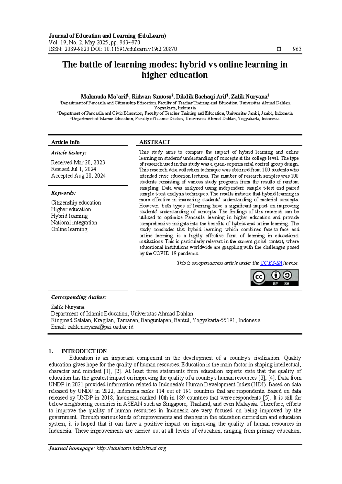 Comparative Study of Hybrid vs Online Learning in Higher Ed (EduLearn ...