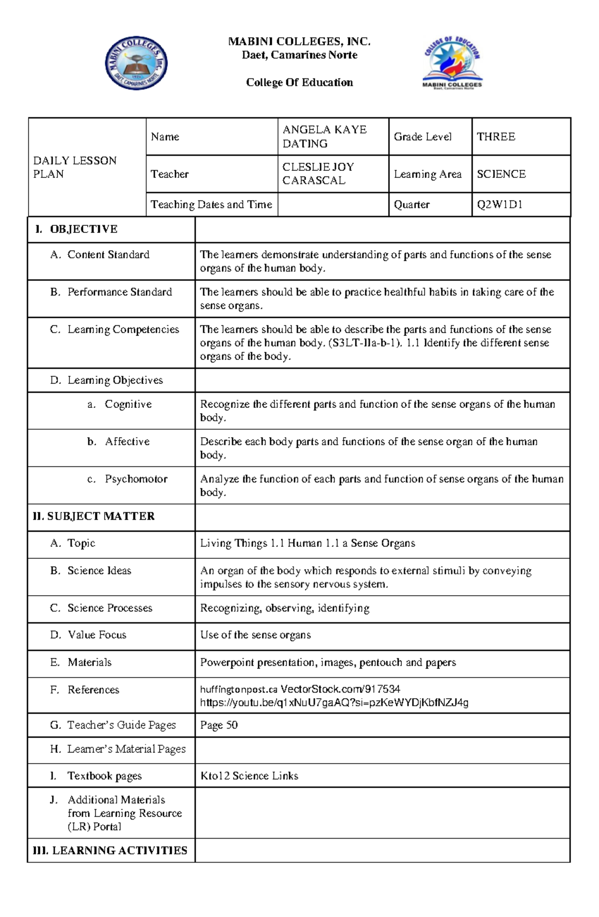 MABINI COLLEGES, INC. Q2W1D1 Daily Lesson Plan on Sense Organs for ...