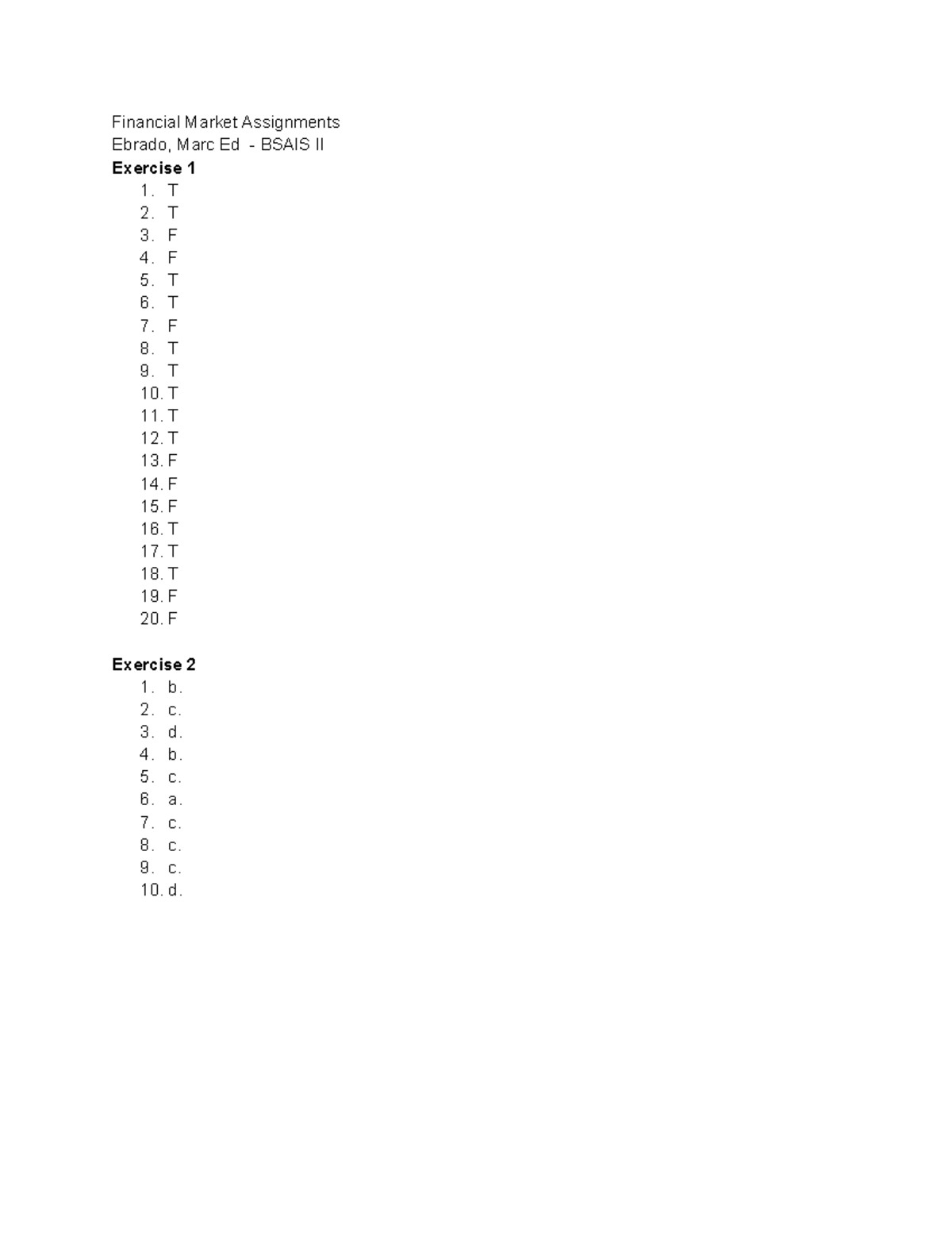 Financial Market Assignments BSAIS II: Exercises and Calculations - Studocu