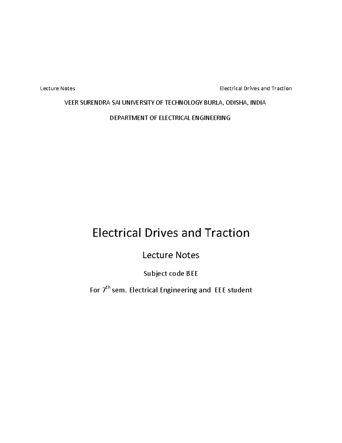 Electrical Drives and Traction Lecture Notes BEE 7th Sem - Studocu