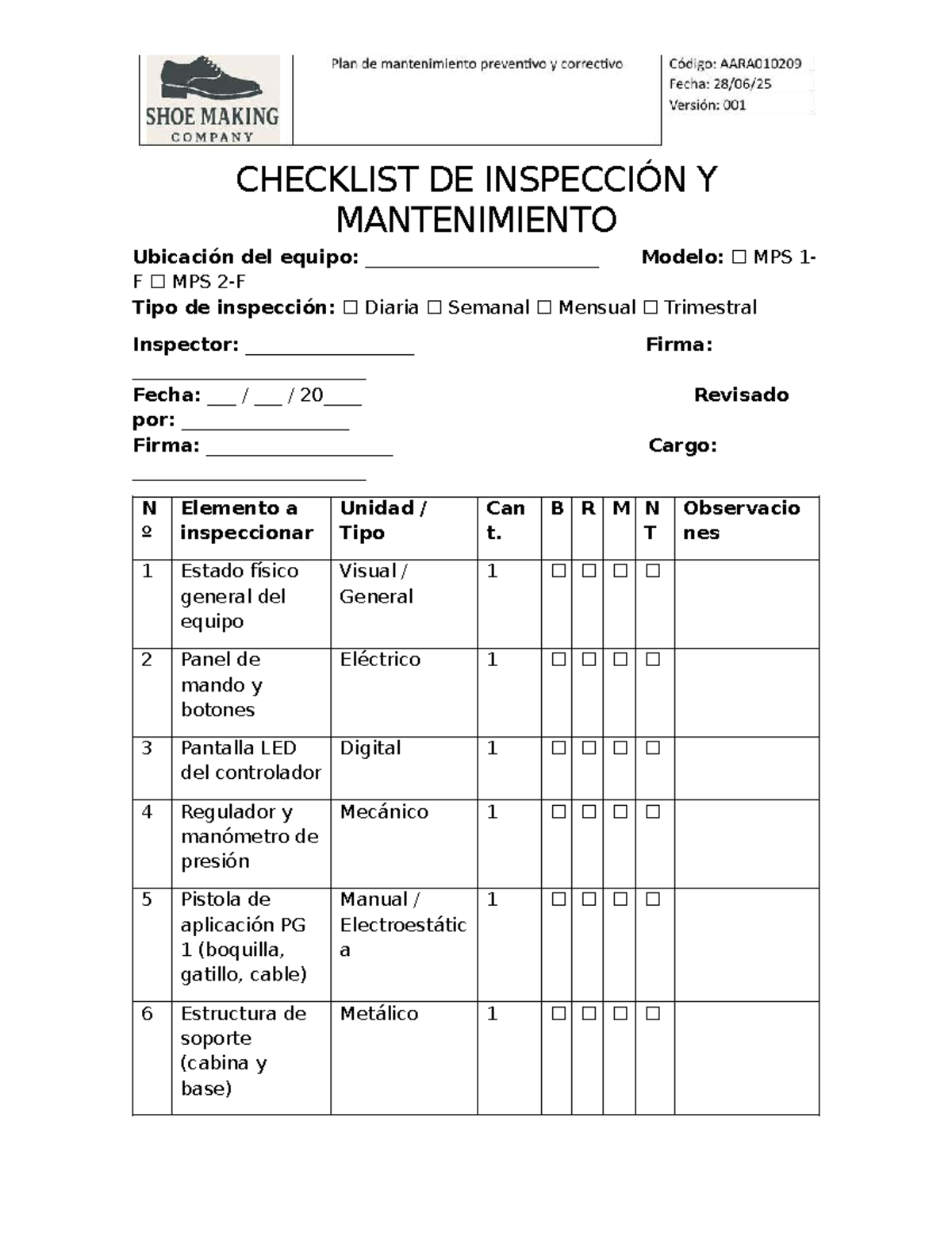 Checklist de Inspección y Mantenimiento del Equipo MPS 1F - Studocu