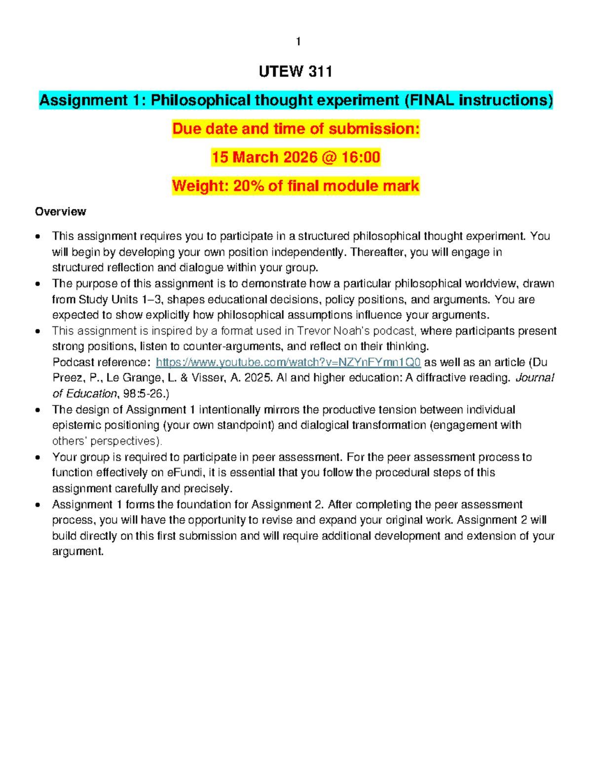 2026 UTEW 311 Assignment 1: Philosophical Thought Experiment Guide ...