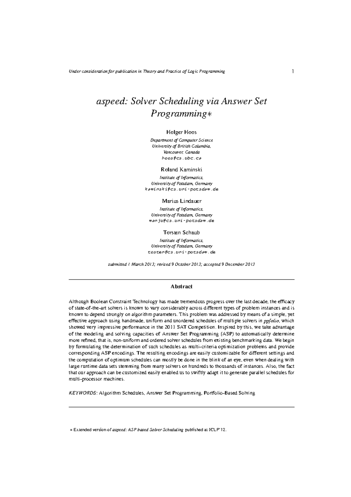 Aspeed (CS 202) Solver Scheduling Using Answer Set Programming - Studocu