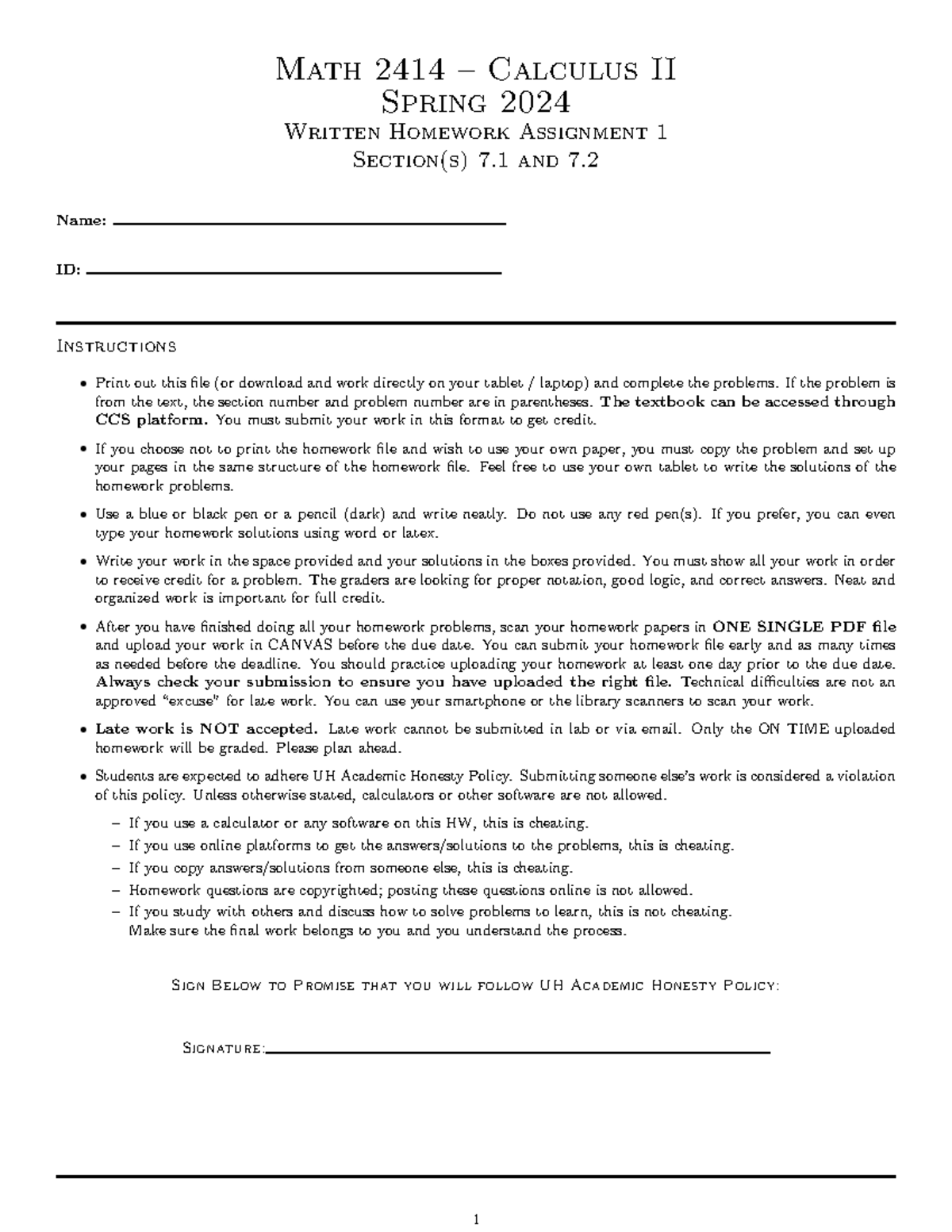 HW 1 - Math 2414 Calc II Written Homework Assignment (Spring 2024 ...