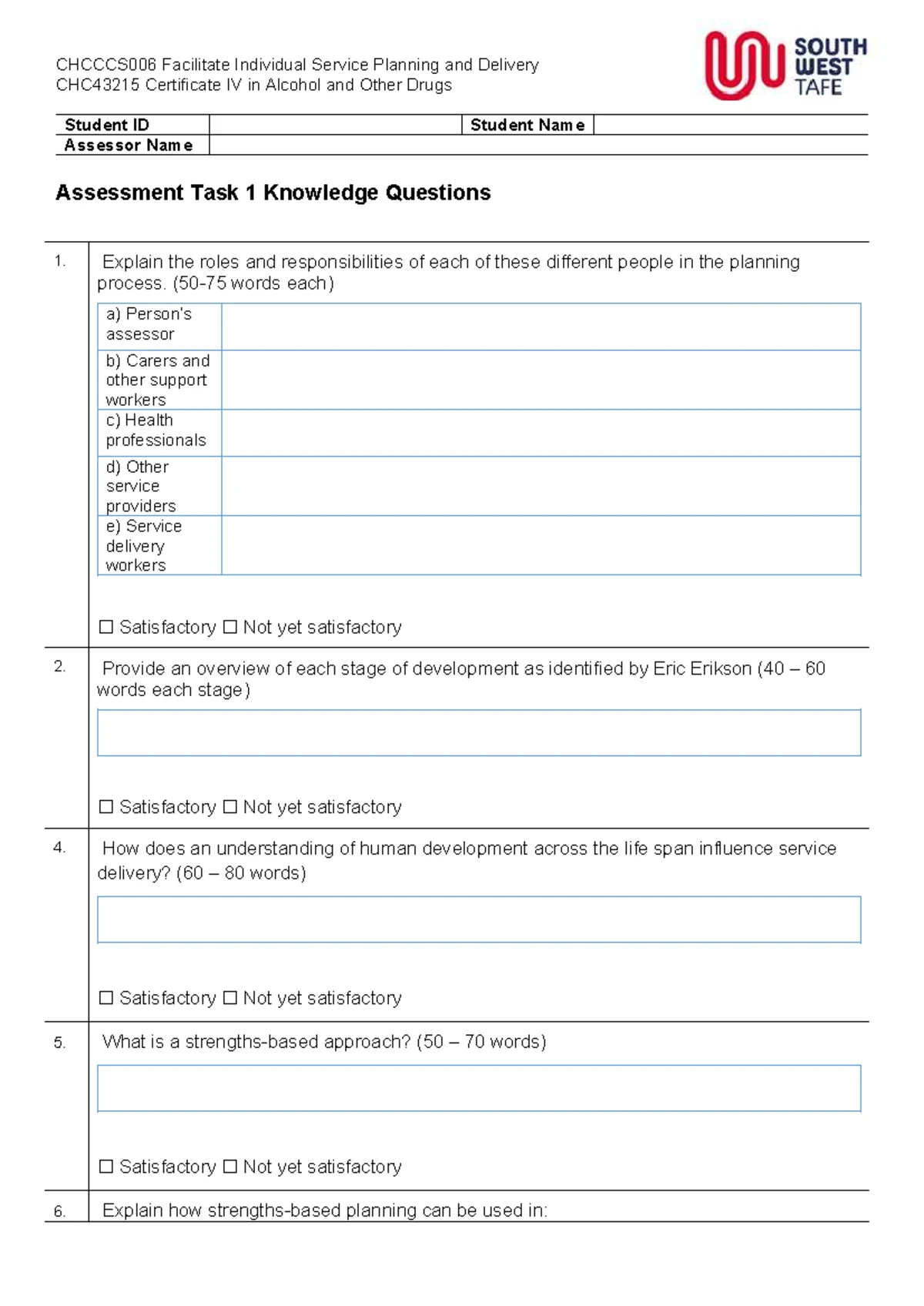 CHC43215 Assessment Task 2: Individual Service Planning & Delivery ...