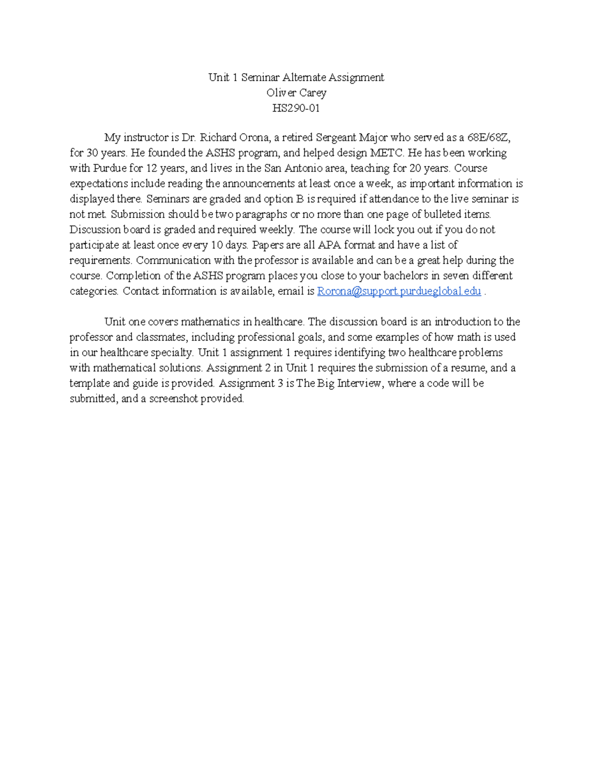 Unit 1 Seminar Alternate Assignment HS290-01: Overview and Requirements ...