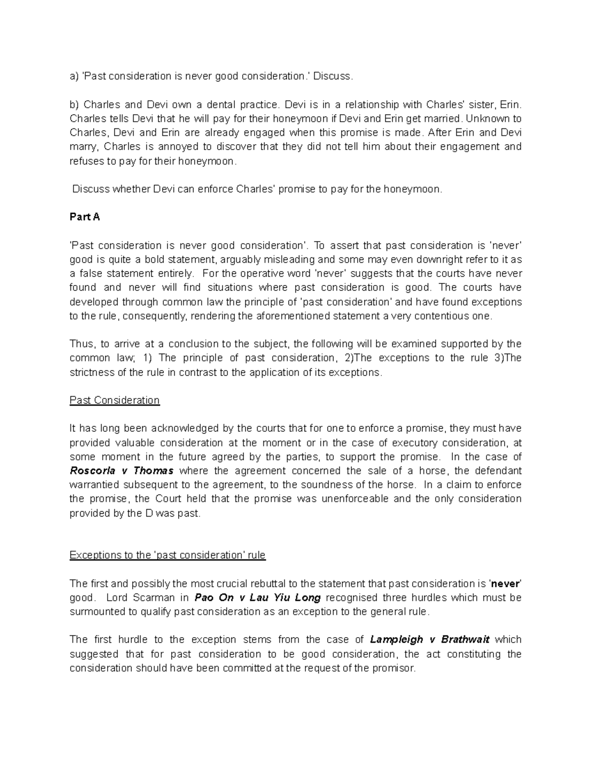 Legal Considerations on Past Consideration: Case Analysis and ...