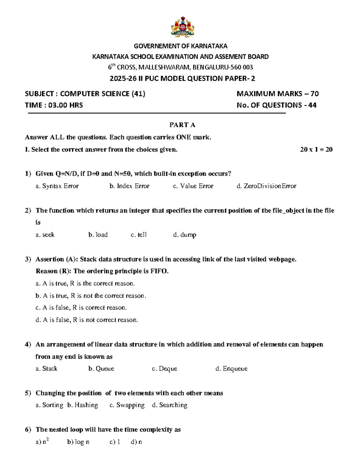 II PUC Computer Science Model Question Paper 41 (2025-26) - Studocu