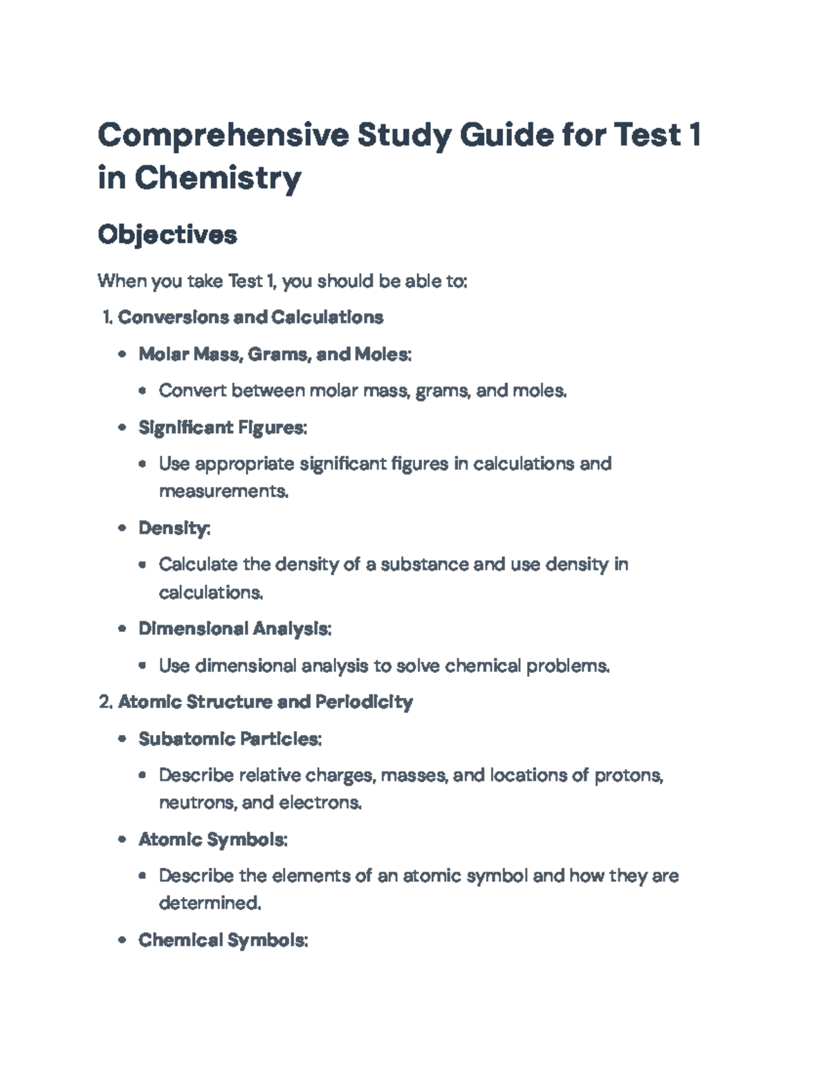 Chemistry 101: Comprehensive Study Guide for Test 1 Preparation - Studocu