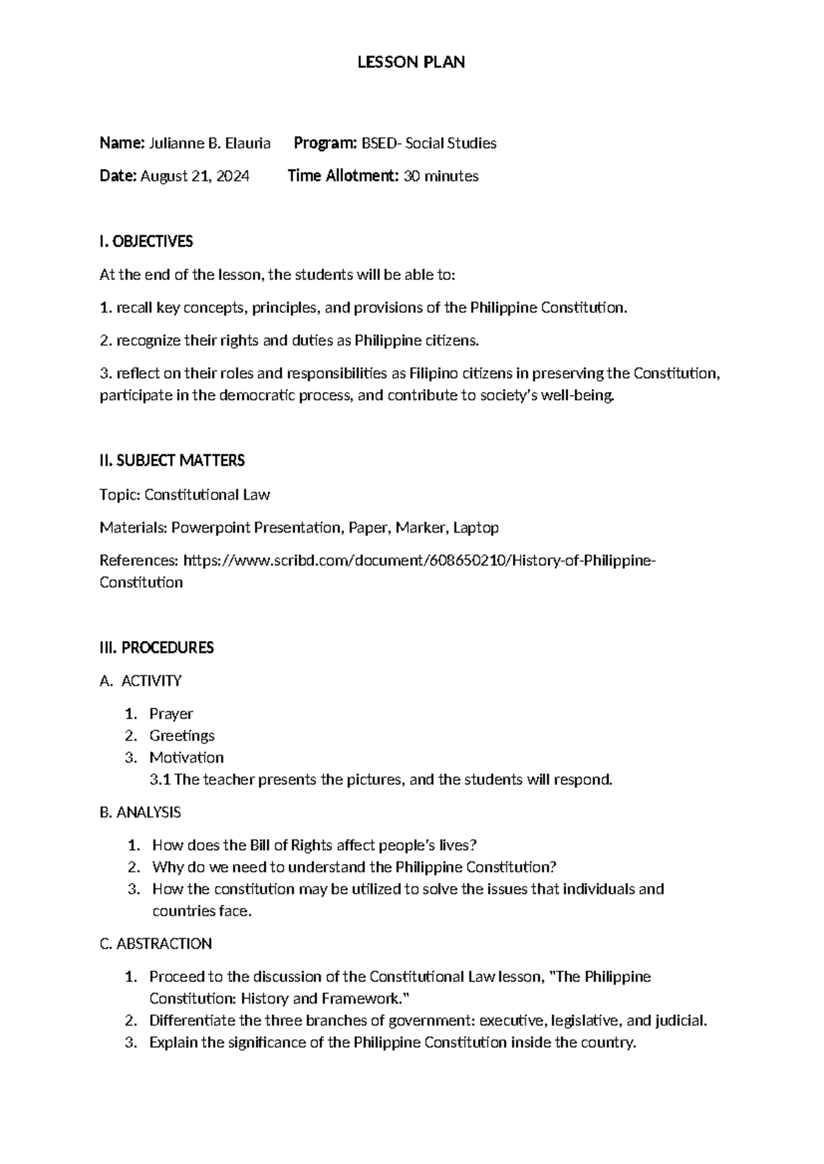 Social Studies Lesson Plan: Understanding the Philippine Constitution ...