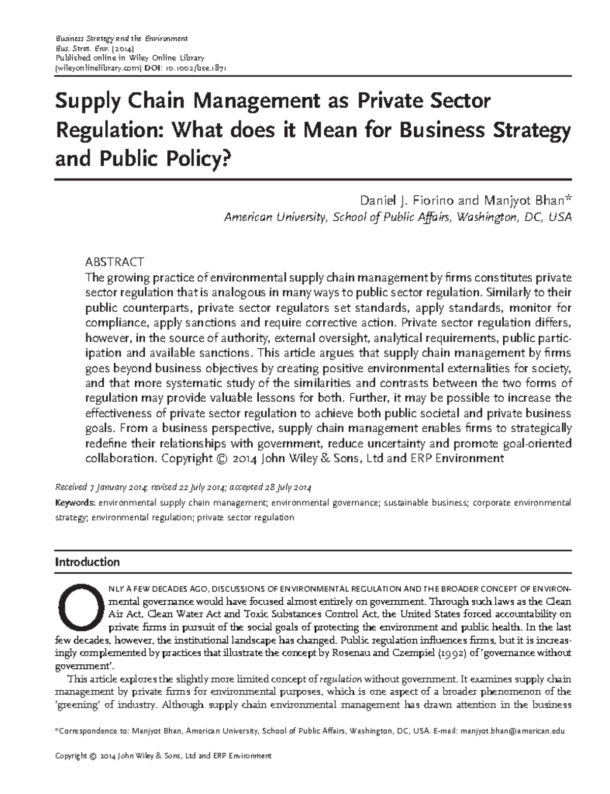 Supply Chain Management as Private Sector Regulation: Strategies ...