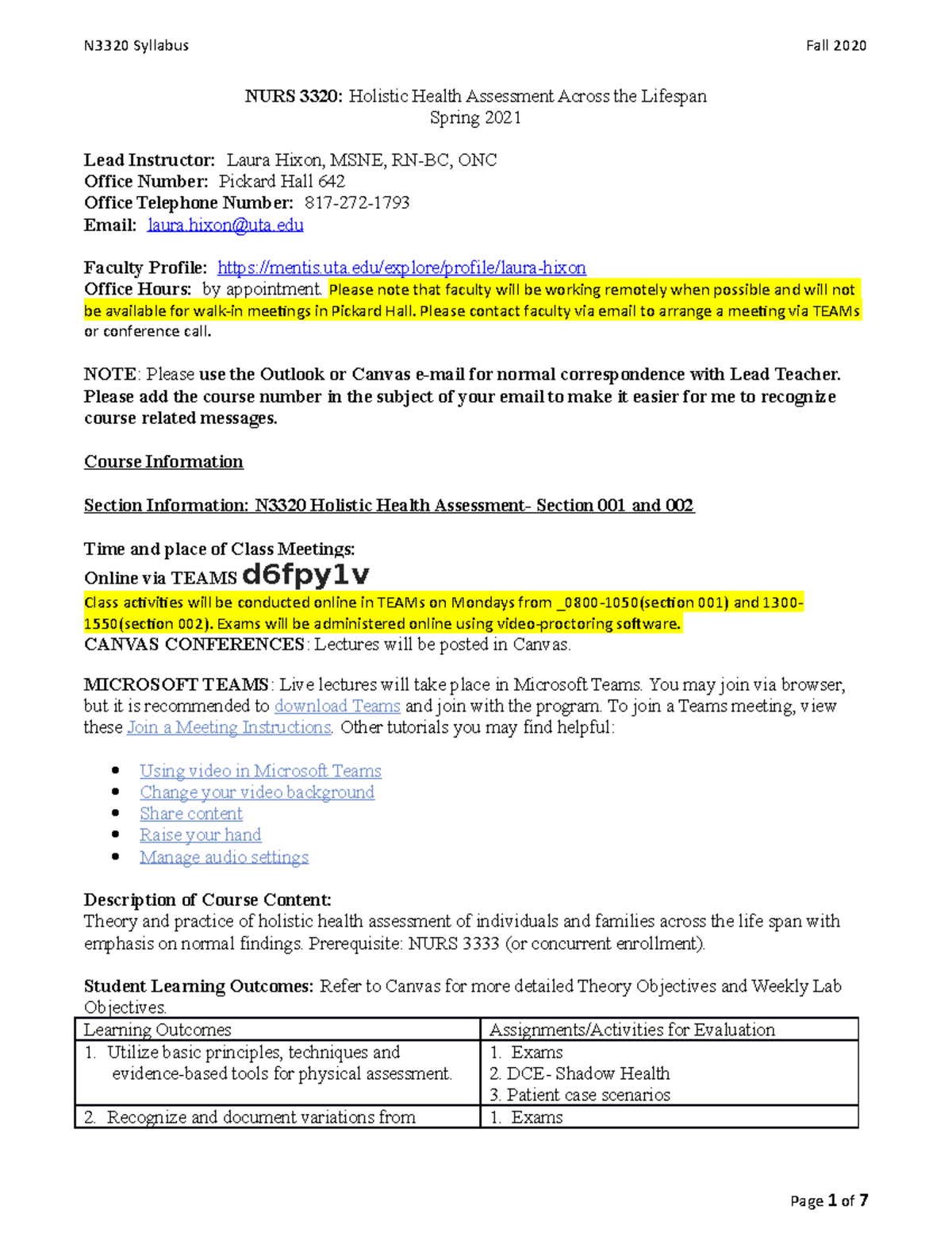 NURS 3320 Holistic Health Assessment Syllabus - Spring 2021 - Studocu