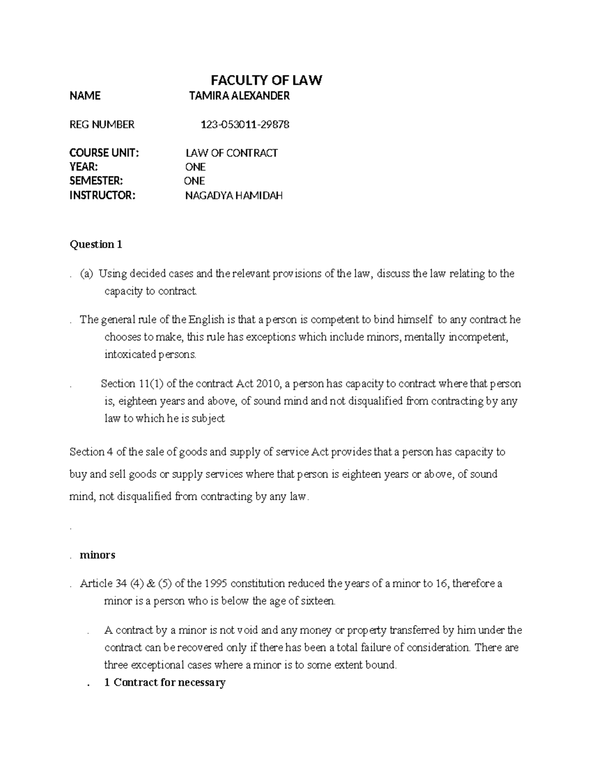 Final Exam Notes: LAW OF CONTRACT 550583 - Capacity to Contract - Studocu