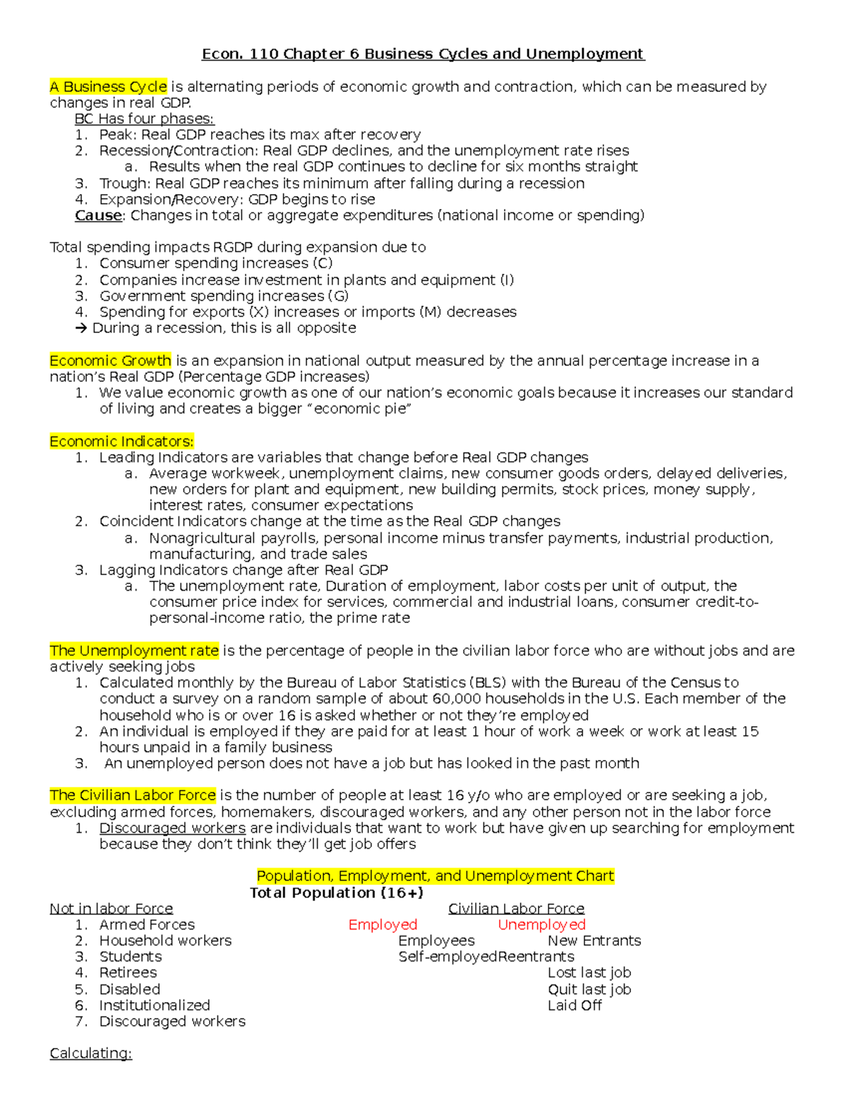 Econ. 110 Chapter 6 Notes: Business Cycles & Unemployment Analysis ...