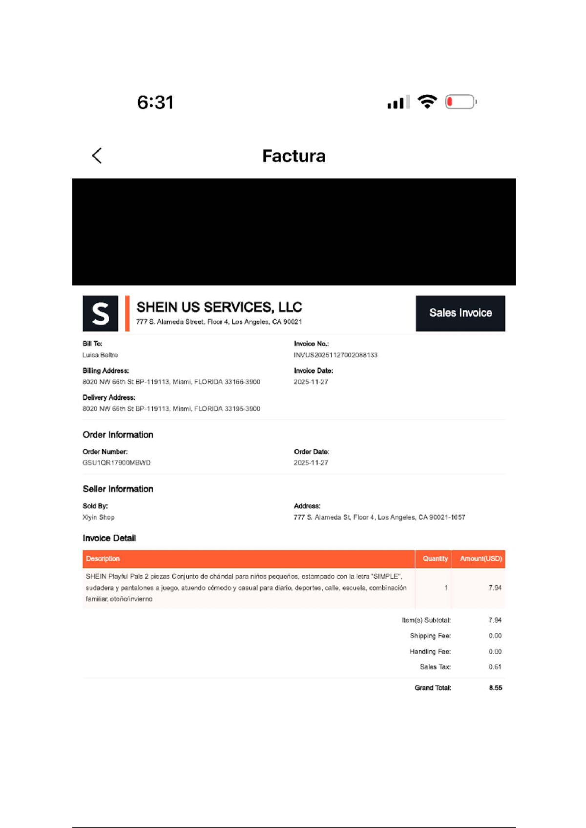 SHEIN US Services Invoices & Credit Notes (2025-11-27) - Studocu