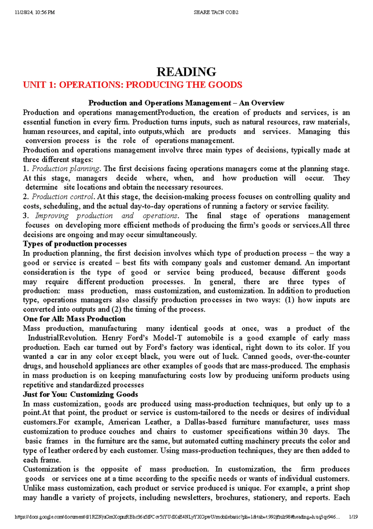 TACN COB2 Listening Unit 1: Operations & Production Processes - Studocu