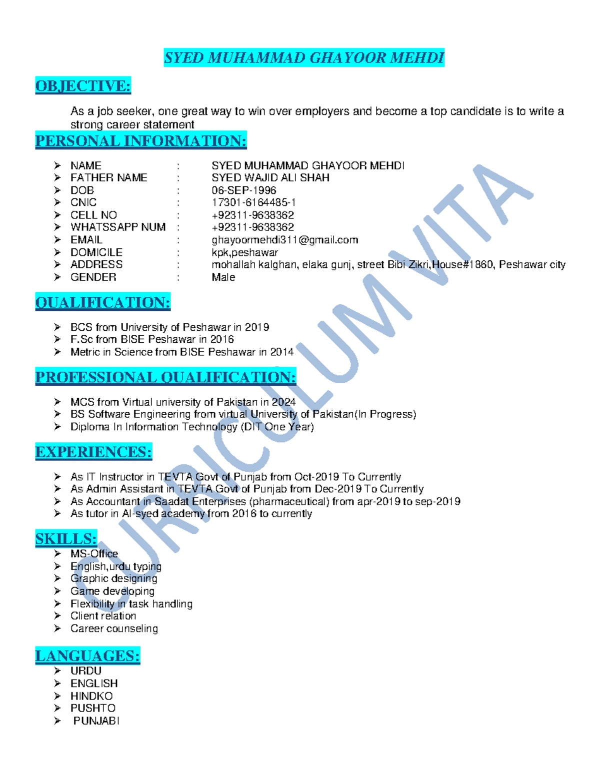 CV of Syed Muhammad Ghayoor Mehdi - Job Application Details - Studocu