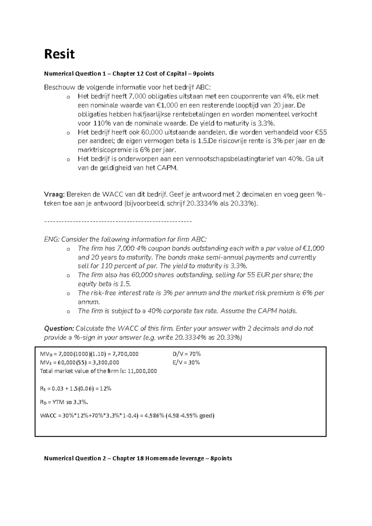 BK2107 Resit Final Exam: Cost of Capital, Leverage, and Options ...