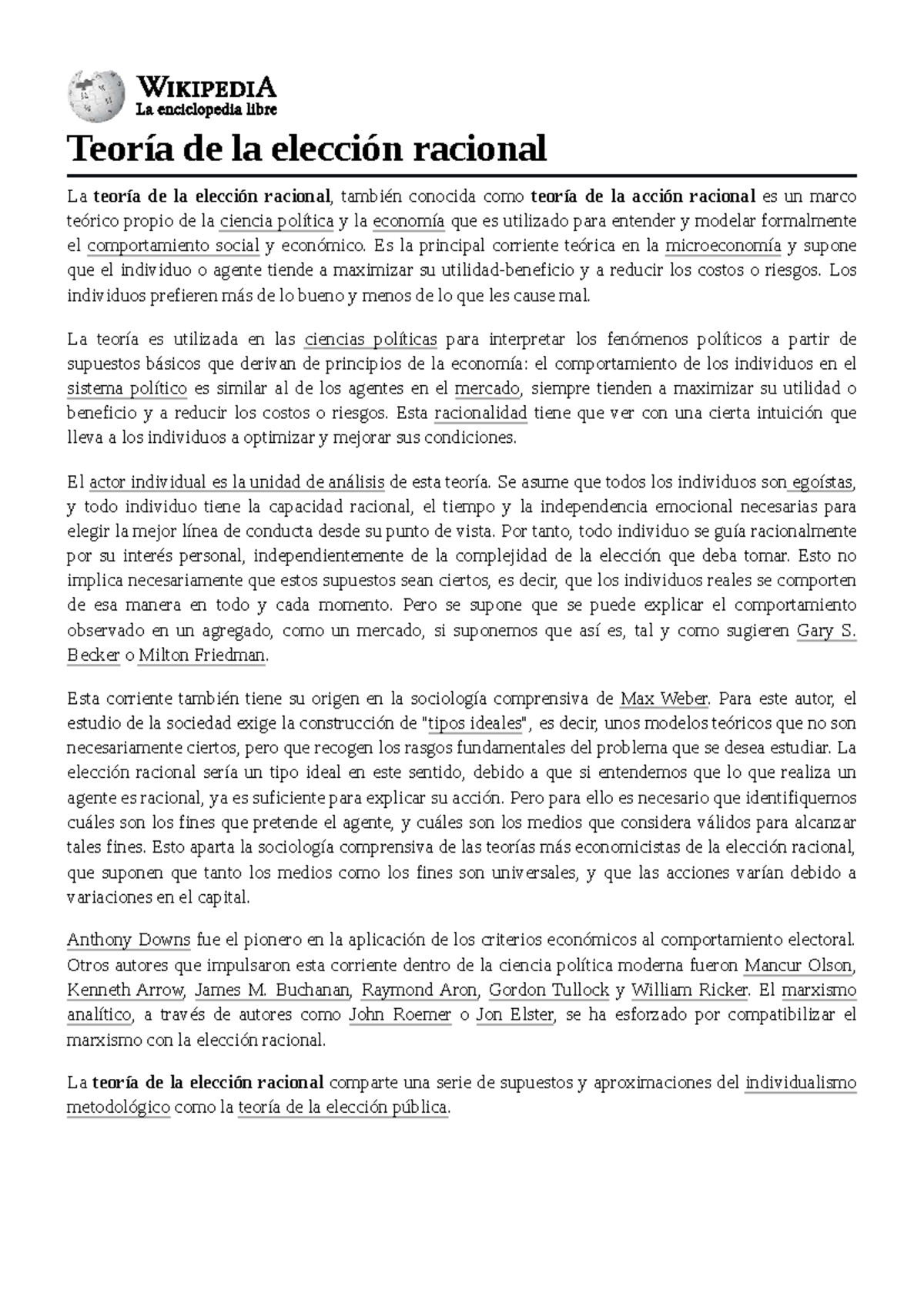 Teoría de la Elección Racional: Análisis Crítico y Aplicaciones - Studocu