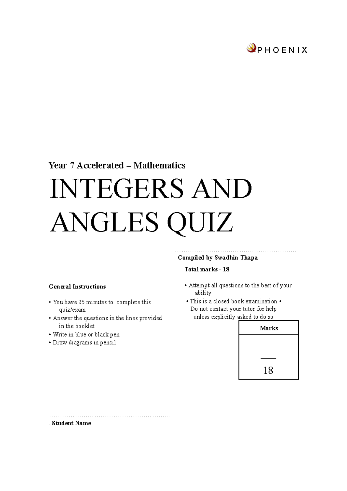 PHOENIX Year 7 Accelerated Mathematics Integers & Angles Quiz - Studocu